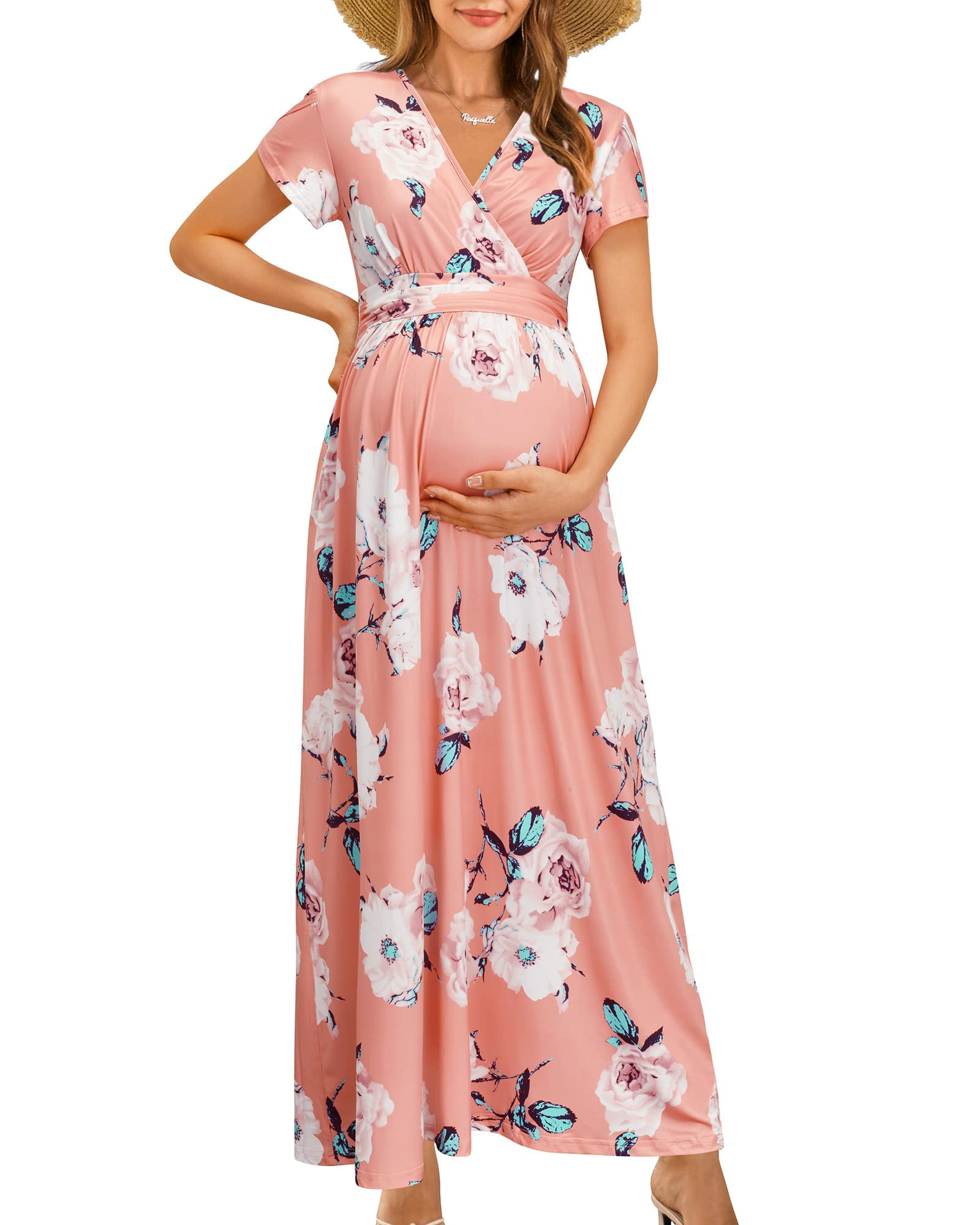 OUGES Summer Maternity Maxi Dress Wrap V Neck Baby Shower Nursing Dresses Breastfeeding(Floral-1, X-Large)