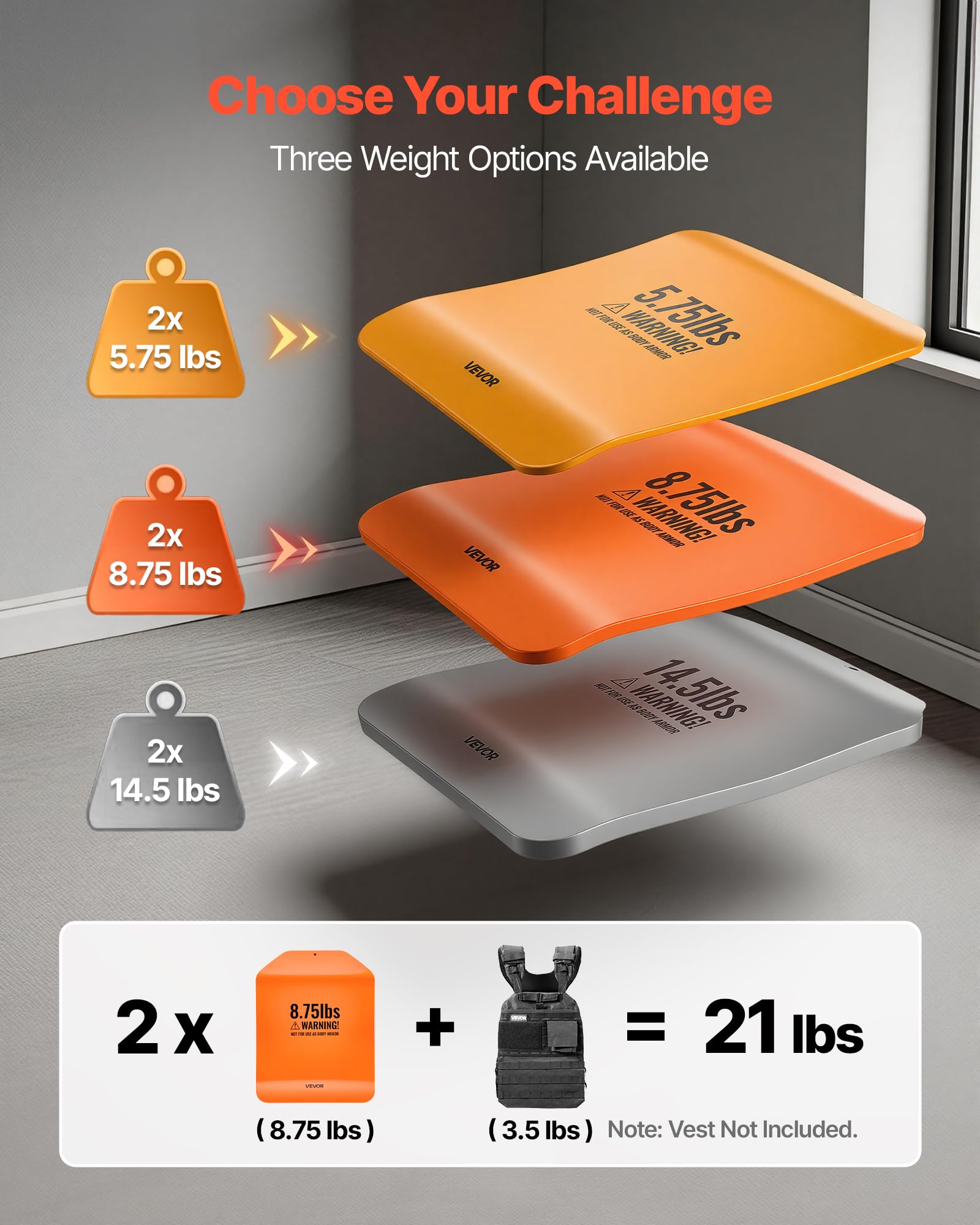 VEVOR Plaques de poids incurvées pour gilet, paires de 5,75/8,75/6,6 kg, plaques lestées tactiques en acier de qualité supérieure pour gilet, design ergonomique, pour l'entraînement de force