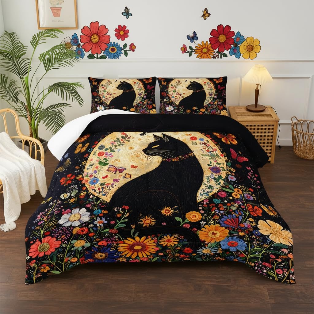 Black Cat Bedding Cartoon Cat Comforter Set Queen，Floral Bedding Queen Size Bed ，with 1 Comforter with 2 Pillow Case