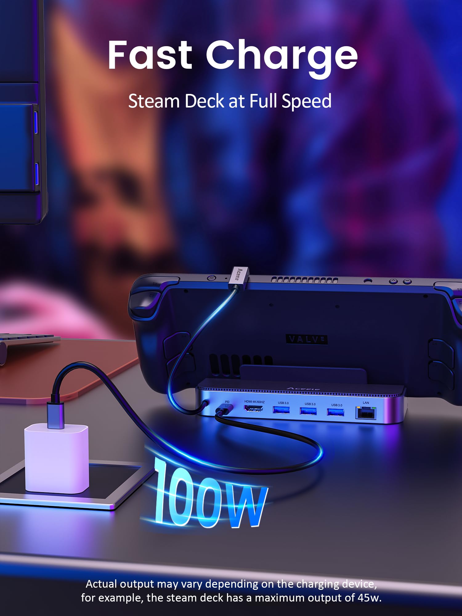 Aceele Steam Deck Dock, stacja dokująca 6 w 1 USB C z HDMI 4K@60Hz, USB 3.0, portem ładowania PD 100W, RJ45 Gigabit Ethernet, do Steam Deck, Switch, Valve, laptopów i innych urządzeń