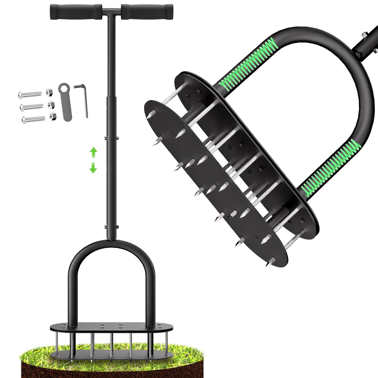 seasky Aérateur de pelouse automatique pour nettoyer la saleté et les feuilles, 15 pointes en fer pré-assemblées, outils d'aération de pelouse pour cour, pelouse et jardin, aérateur de pelouse