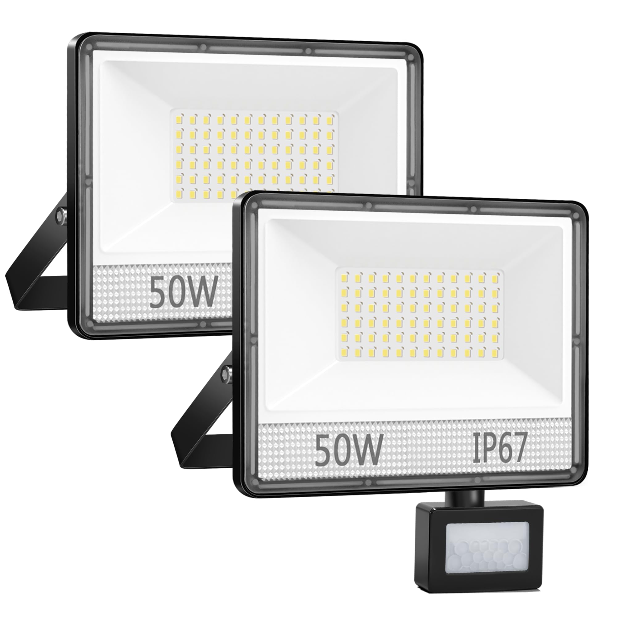 Faro LED Esterno con Sensore Movimento 50W - 2 Pezzi 5000LM Faretto da Esterno 6500K Bianca Fredda Fari Led, IP67 Proiettore per Giardino Cortile Garage
