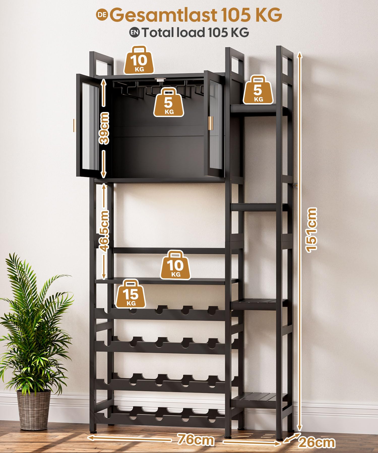Yorbay Weinschrank für 20 Flaschen, Mehrschichtig Freistehendes Weinregal mit Tür und Glashaltere, Dekorativer Flaschenregal mit Seitenrahmen für Boden, Bar, Küche, Esszimmer