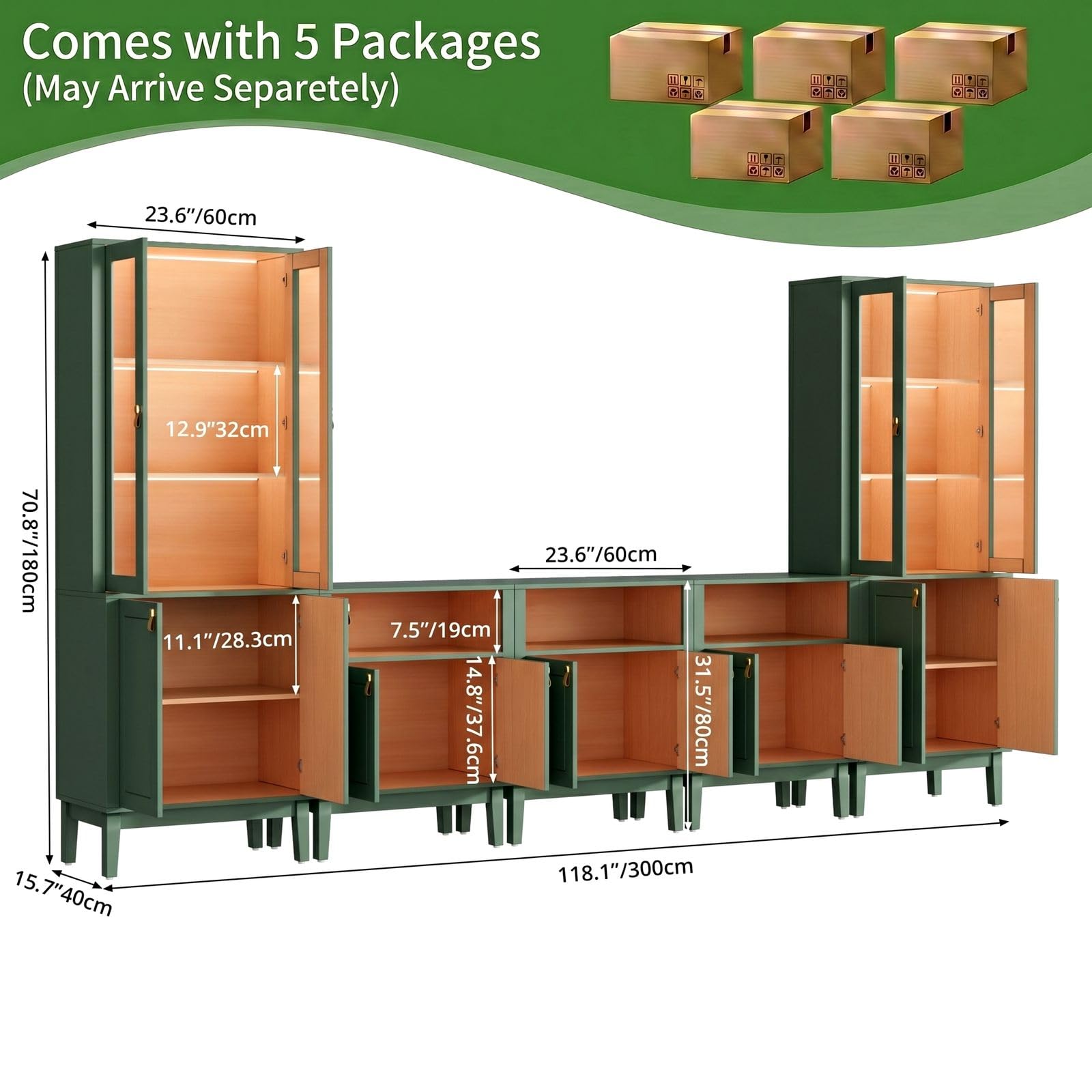 VOWNER Meuble TV Bibliotheque avec LED, 300 cm Grand Meuble Télé avec Portes en Verre pour TV jusqu'à 75 Pouces, Meuble TV Set, Buffet pour Salon, Cuisine, 300 x 180 x 40 cm (Vert, 5PCS)