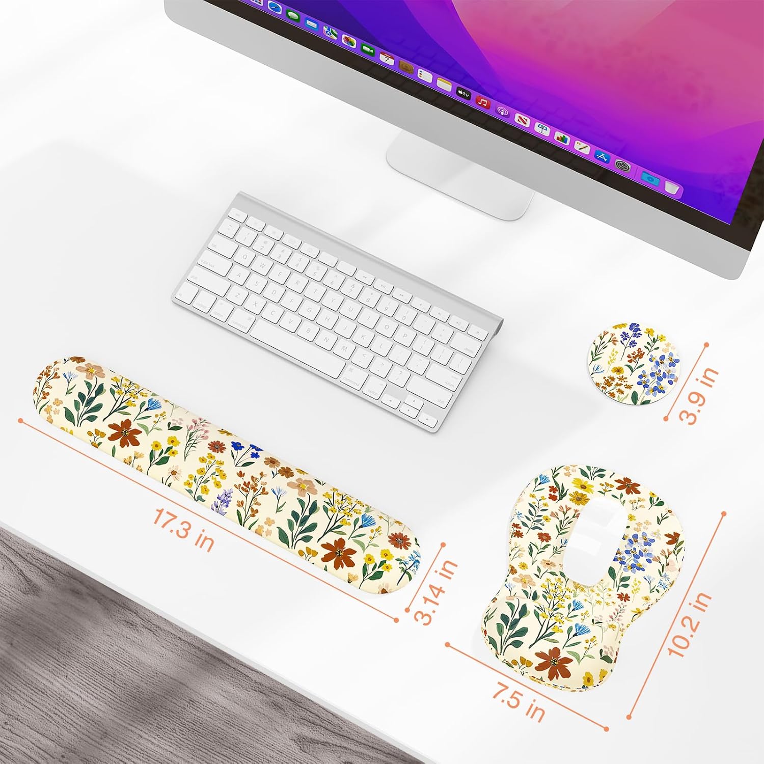 Ospelelf Keyboard Wrist Rest Set with Ergonomic Mouse Pad - 3-in-1 Memory Foam Support for Pain Relief, Office & Gaming with Coaster Yellow Floral - Image 2