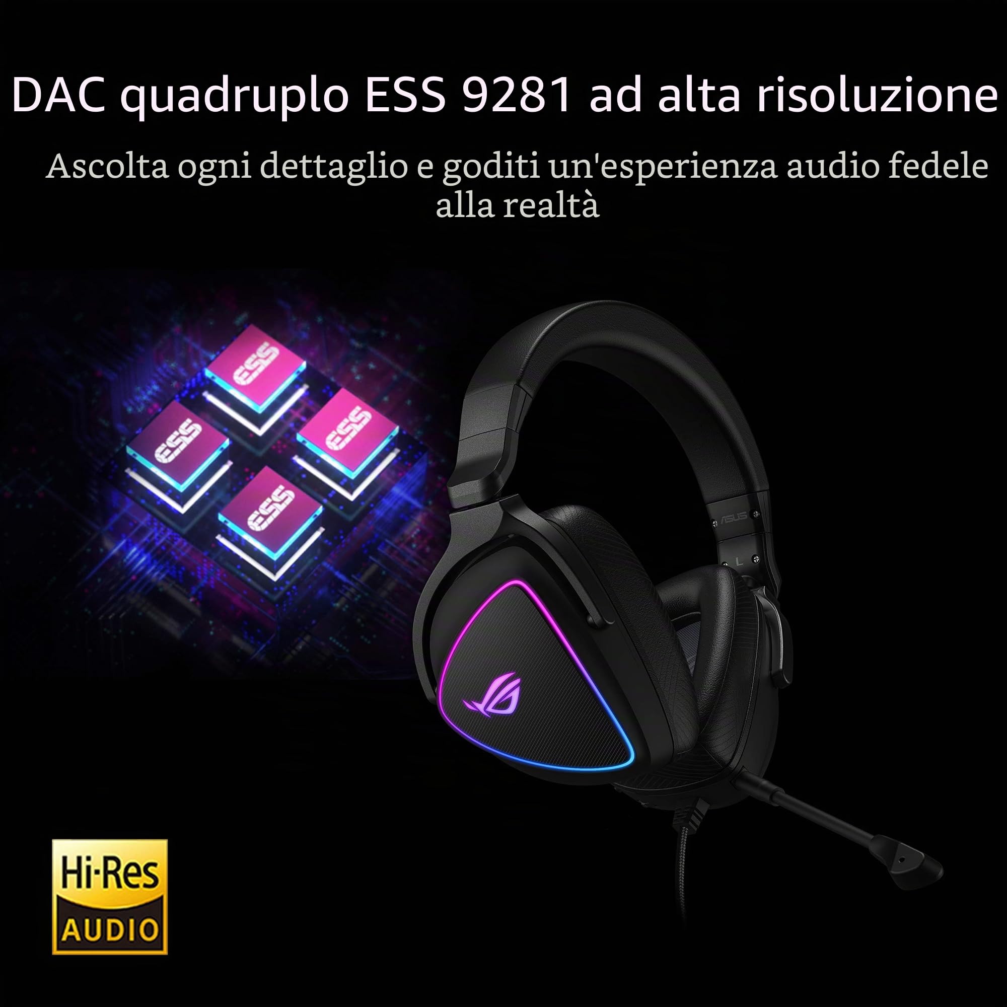 ASUS ROG Delta S Gaming Headset con USB-C | Microfono con cancellazione del rumore alimentato Ai | Cuffie over-ear per PC, Mac, Nintendo Switch e Sony Playstation | Design ergonomico, nero
