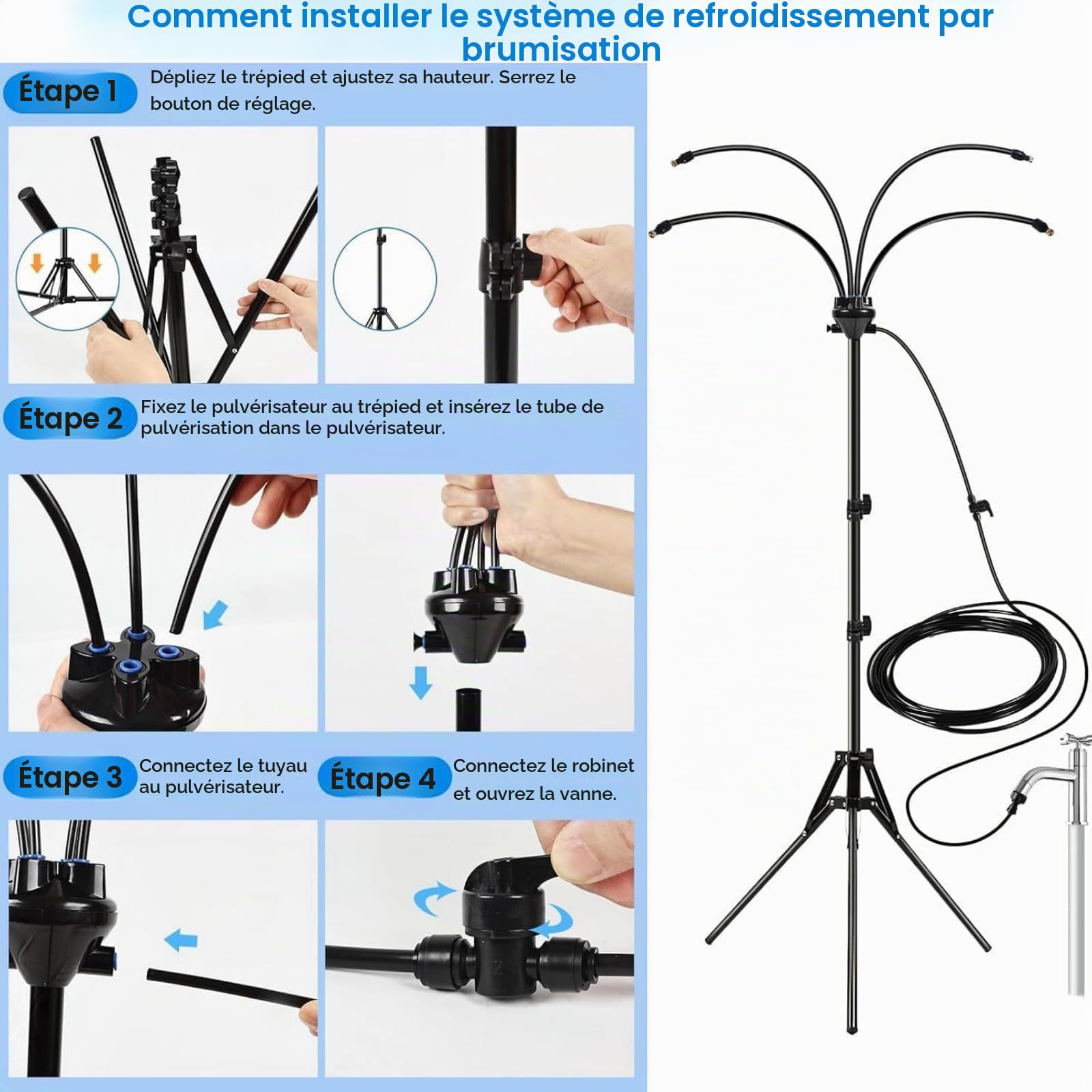 Brumisateur Eau Extérieur sur Pied, 1,5 m Brumisateurs Debout pour Terrasse Extérieure, Système de Brumisation sur Pied avec Tuyau d'Eau de 8 m, pour le Jardin et l'Extérieur