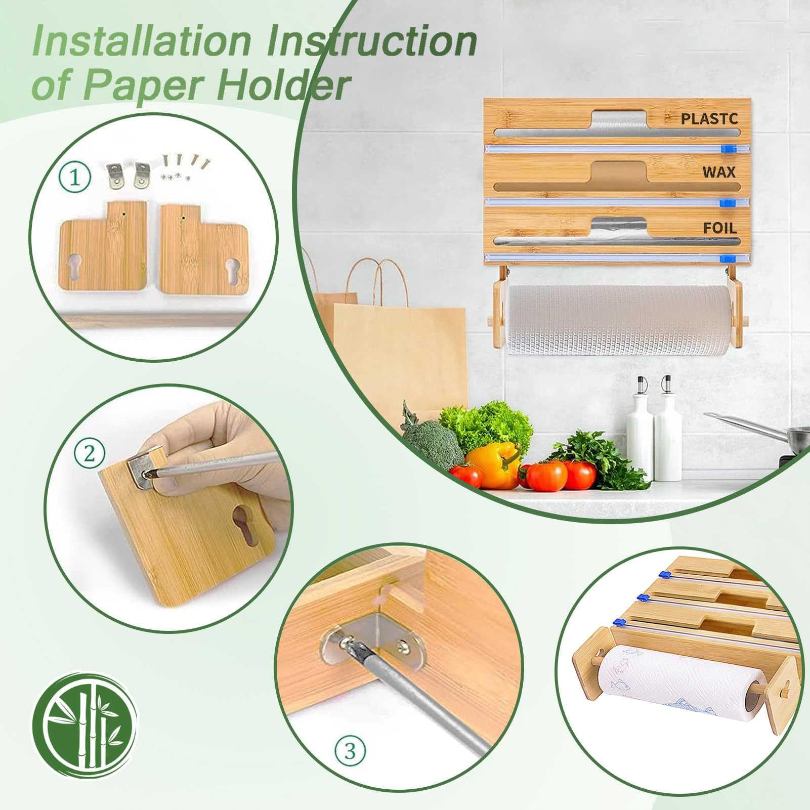 Dispenser Pellicola 5 In 1 In Bambù - Per Pellicola, Alluminio E Sacchetti, Con Taglierino, Organizza La Cucina - Foto 4