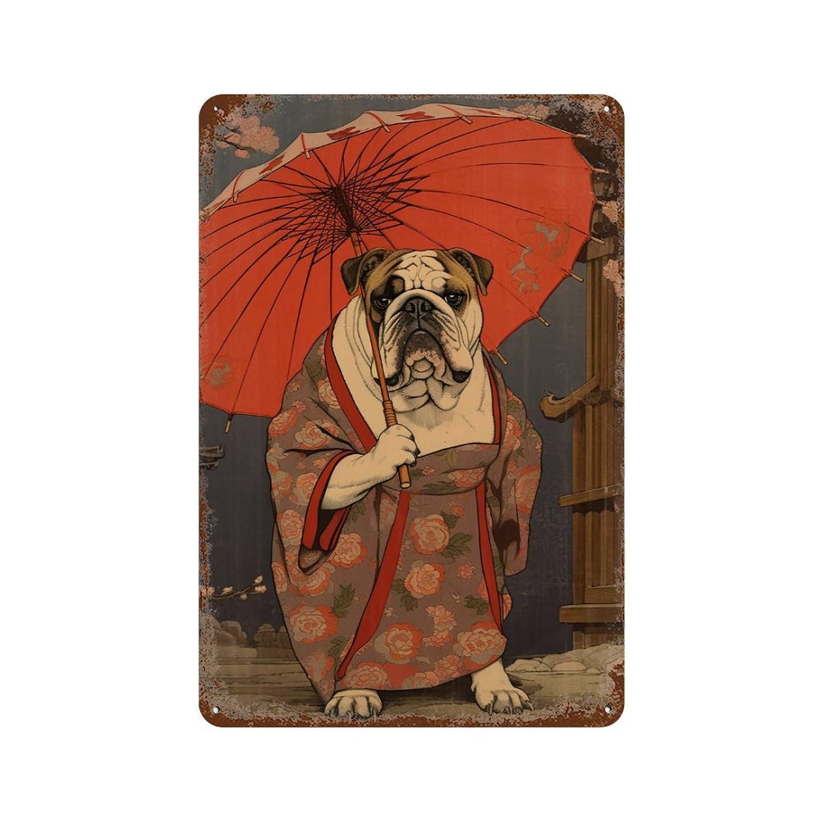 English Bulldog Geisha Aged Metal Wall Plaque 11.8"x7.9", Industrial Home Decor for Garage, Pub Or Kitchen