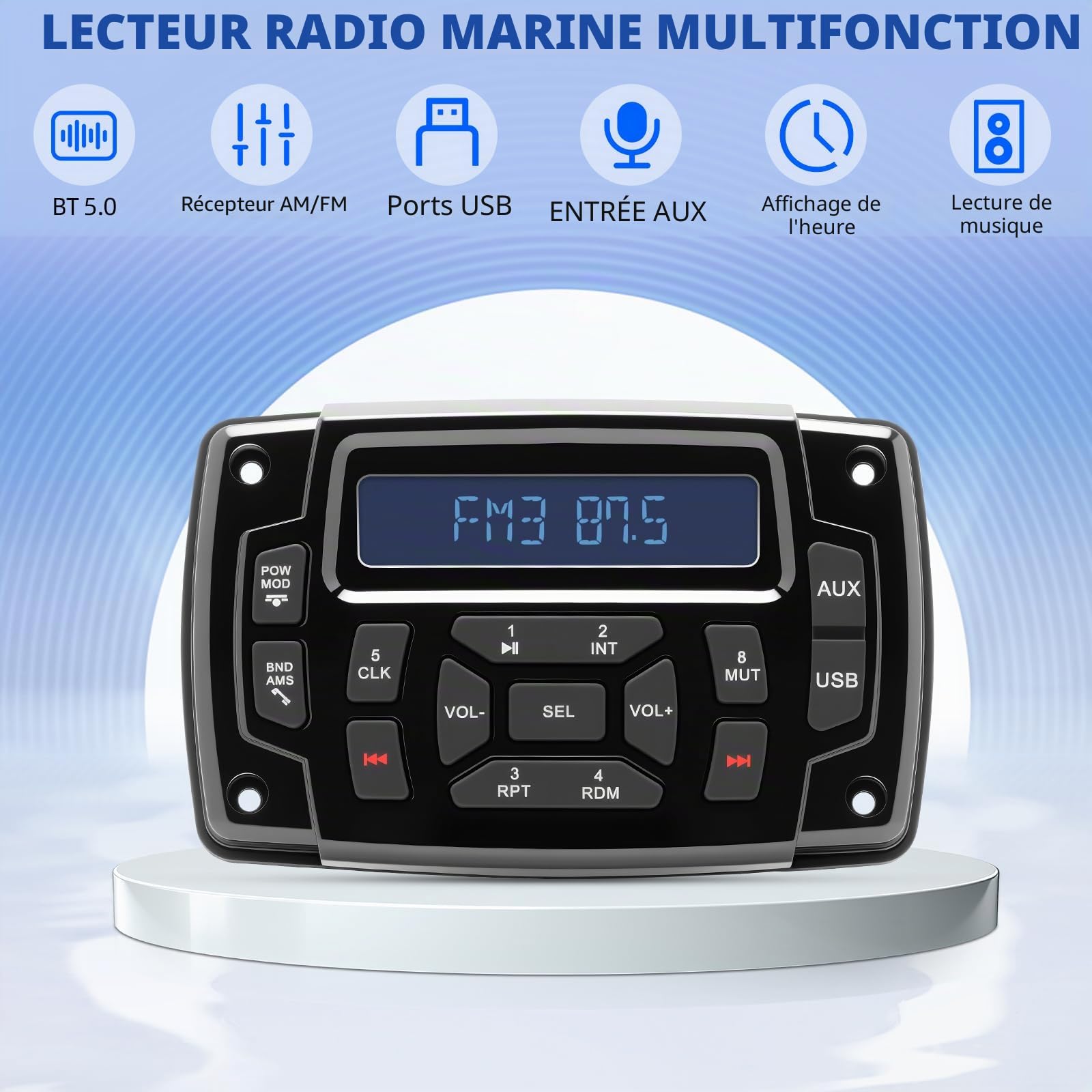 Geloo Bateau Marine Stéréo Étanche Lecteur MP3 AM/FM Radio Stéréo Media Récepteur Mains Libres HD pour Bateaux,Yachts,Marins