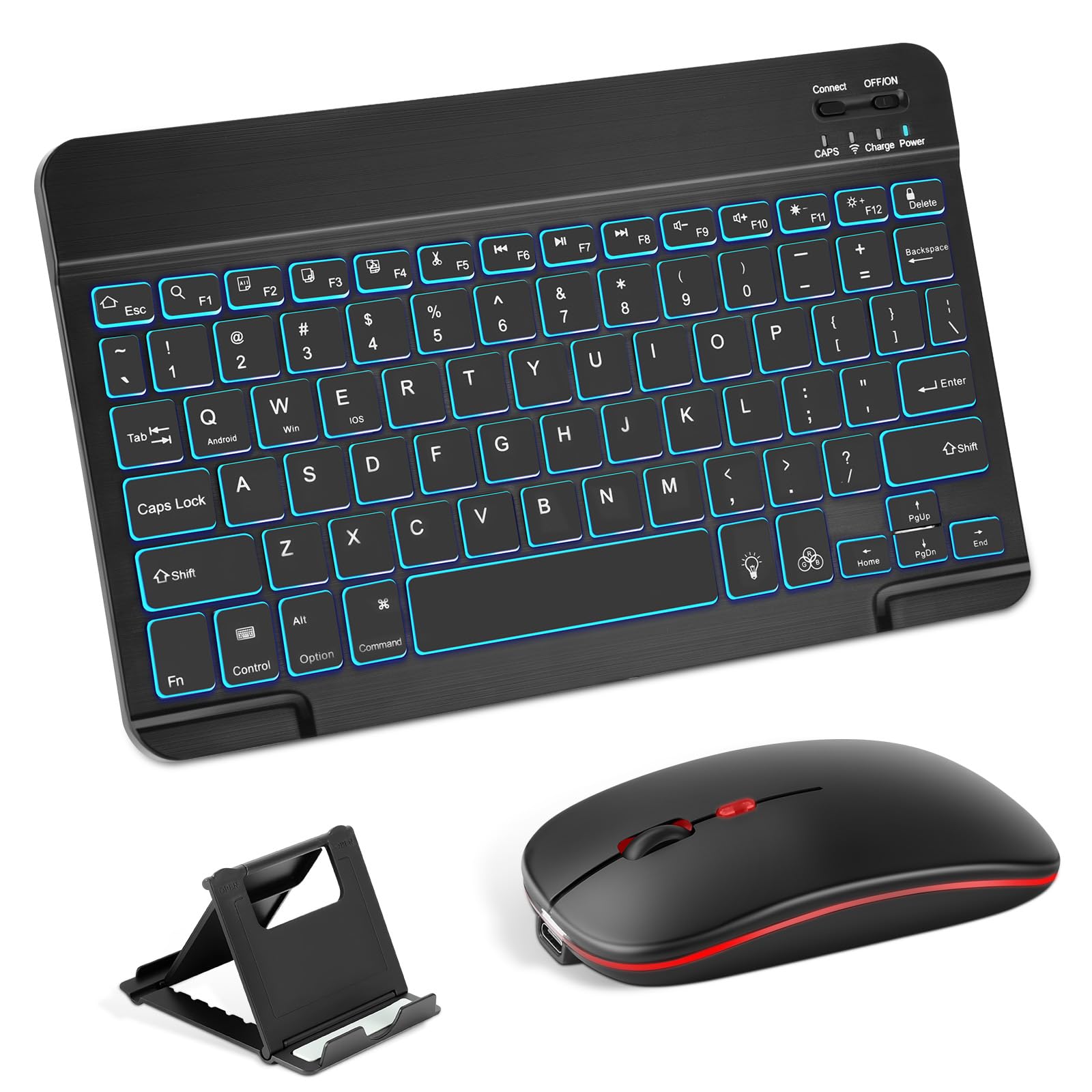 Aolso Teclado Bluetooth Retroiluminado, Teclado y Ratón Inalámbricos Ultrafinos, Recargables y Silenciosos con Soporte para Teléfono para iPad/Samsung/iOS/Android/Windows, Negro.