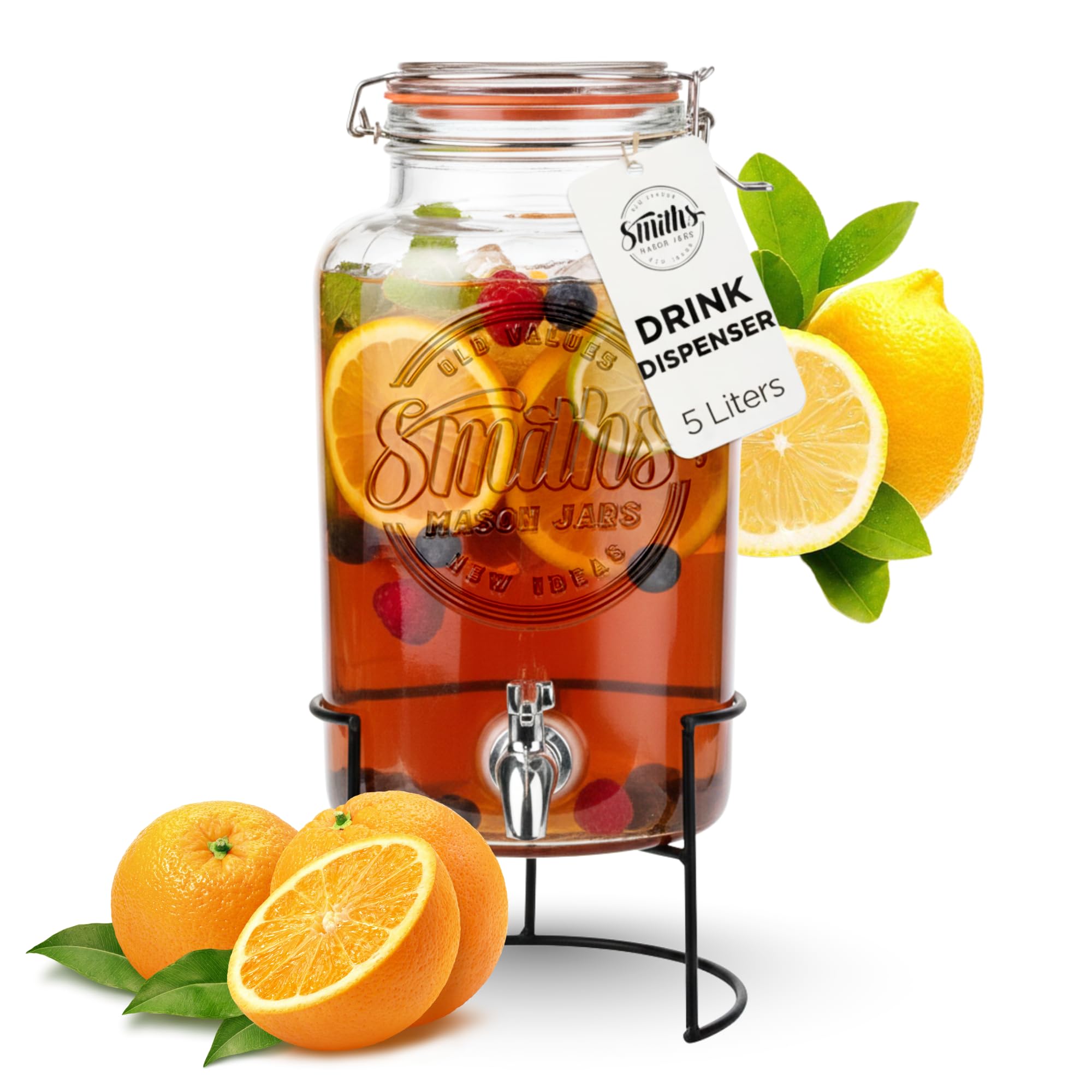 Glass Drink Dispenser with Tap – 5L Mason Jar Beverage Container with Stainless Steel Spigot – Water Dispenser with Tap for Juice, Iced Tea, Cocktail, Picnic, BBQ, Parties, Counter