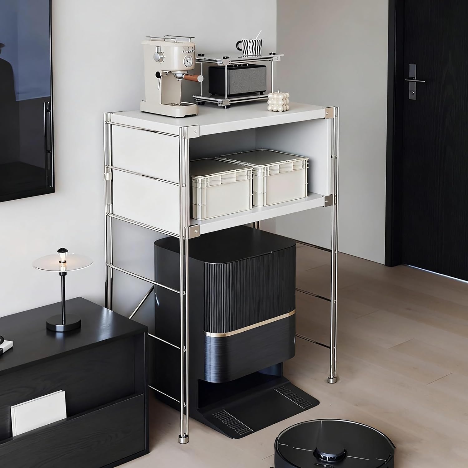 Modern Vacuum Cleaner Storage Cabinet, Robot Sweeper Organizer with Open Shelves, Metal Stand for Living Room Space Saving (Black, 70cm/27.5in)