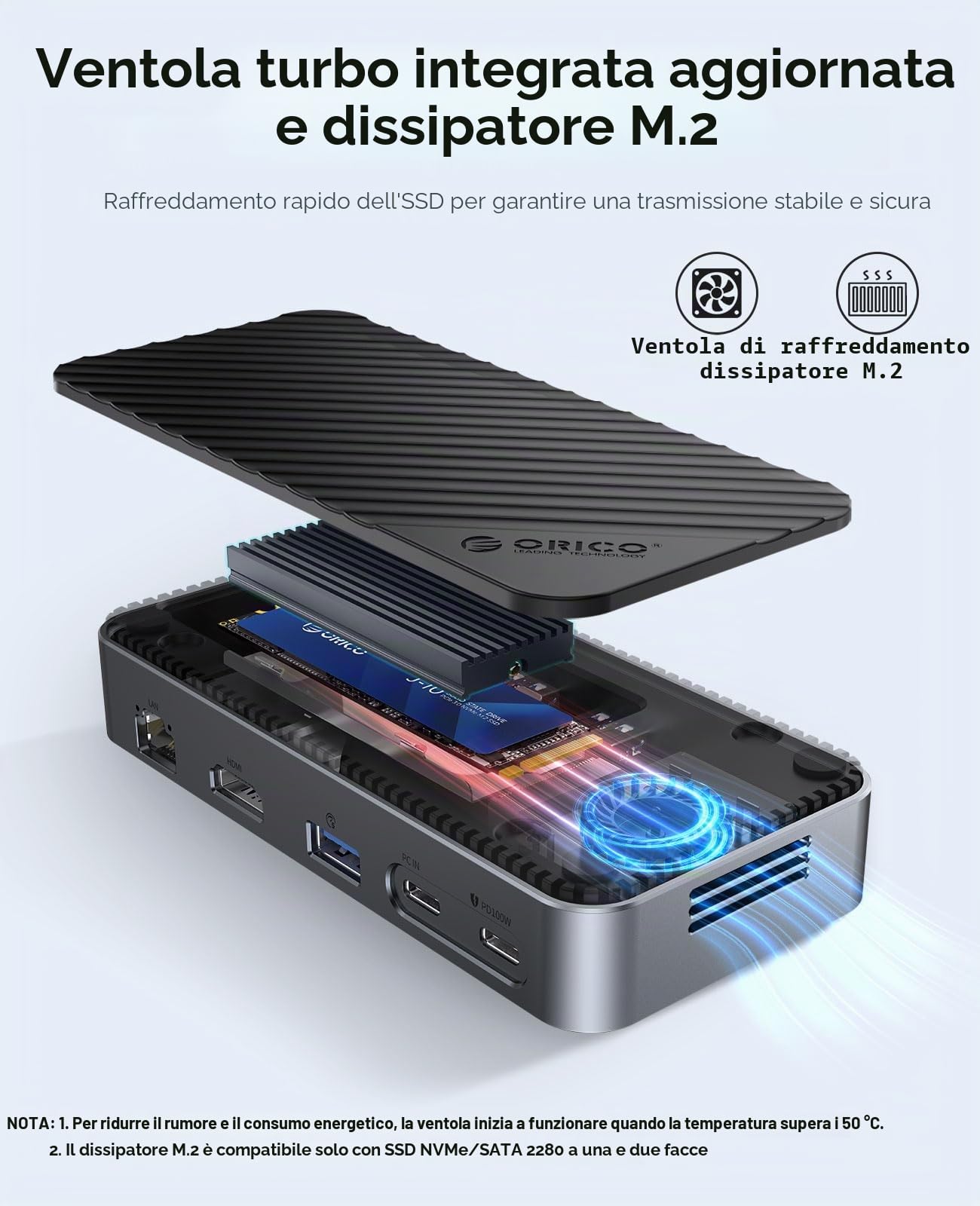 Docking Station USB C 10 in 1, ORICO USB-C HUB con Ventola Incorporata, 10 Gbps USB 3.2 Gen2 M.2 NVMe/SATA SSD Adattatore Compatible M2 SSD Case Supporto 4K HDMI, 100W PD, SD/TF, Gigabit Ethernet