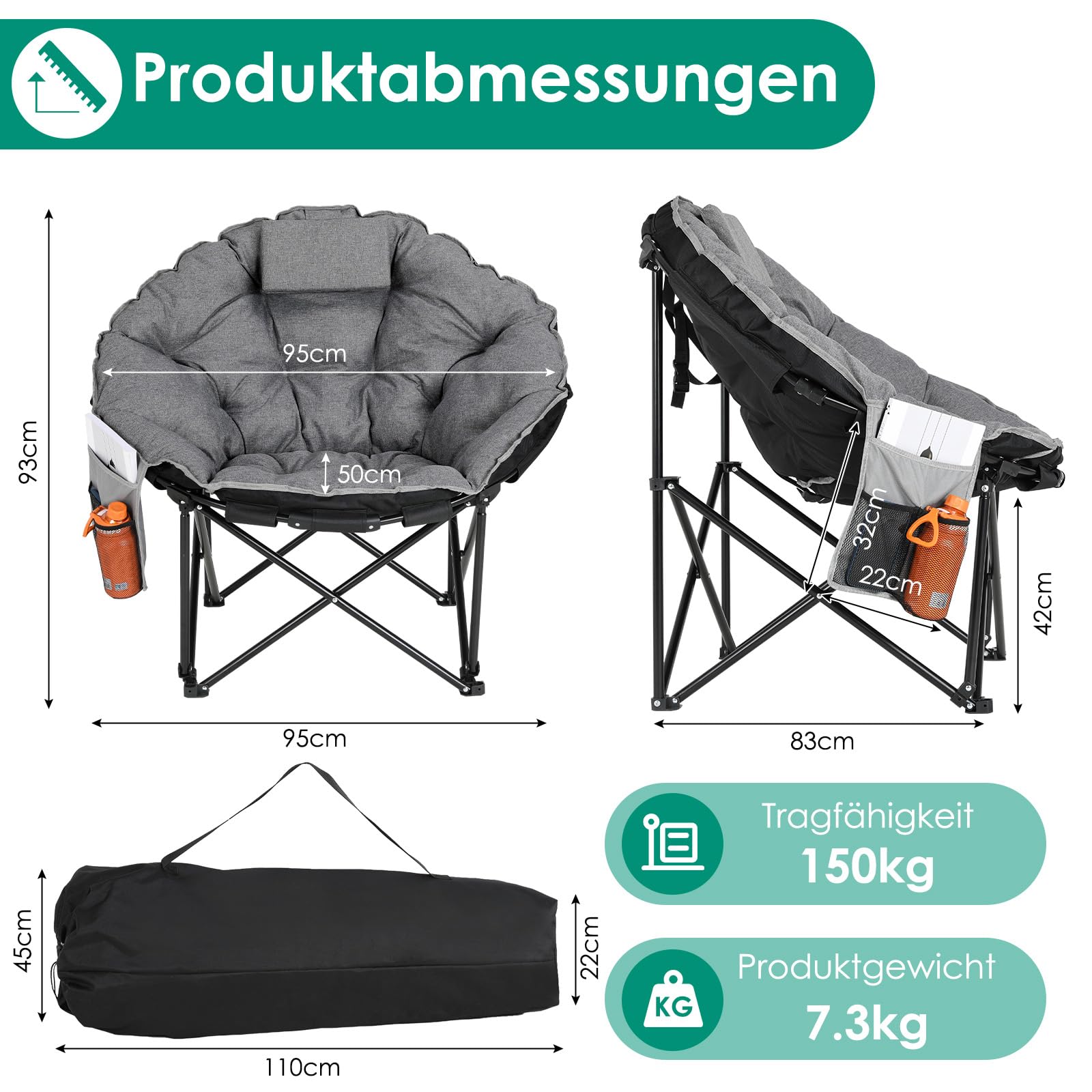 LIFERUN Moonchair Luxus 150KG, Campingsessel rund,Faltstuhl Camping Outdoor | Campingstuhl Faltbar mit Dick Gepolstert, Lagerungstasche, AntiRutsch-Füße, Seitentasche, für Garten, Angeln, Strand, Grau