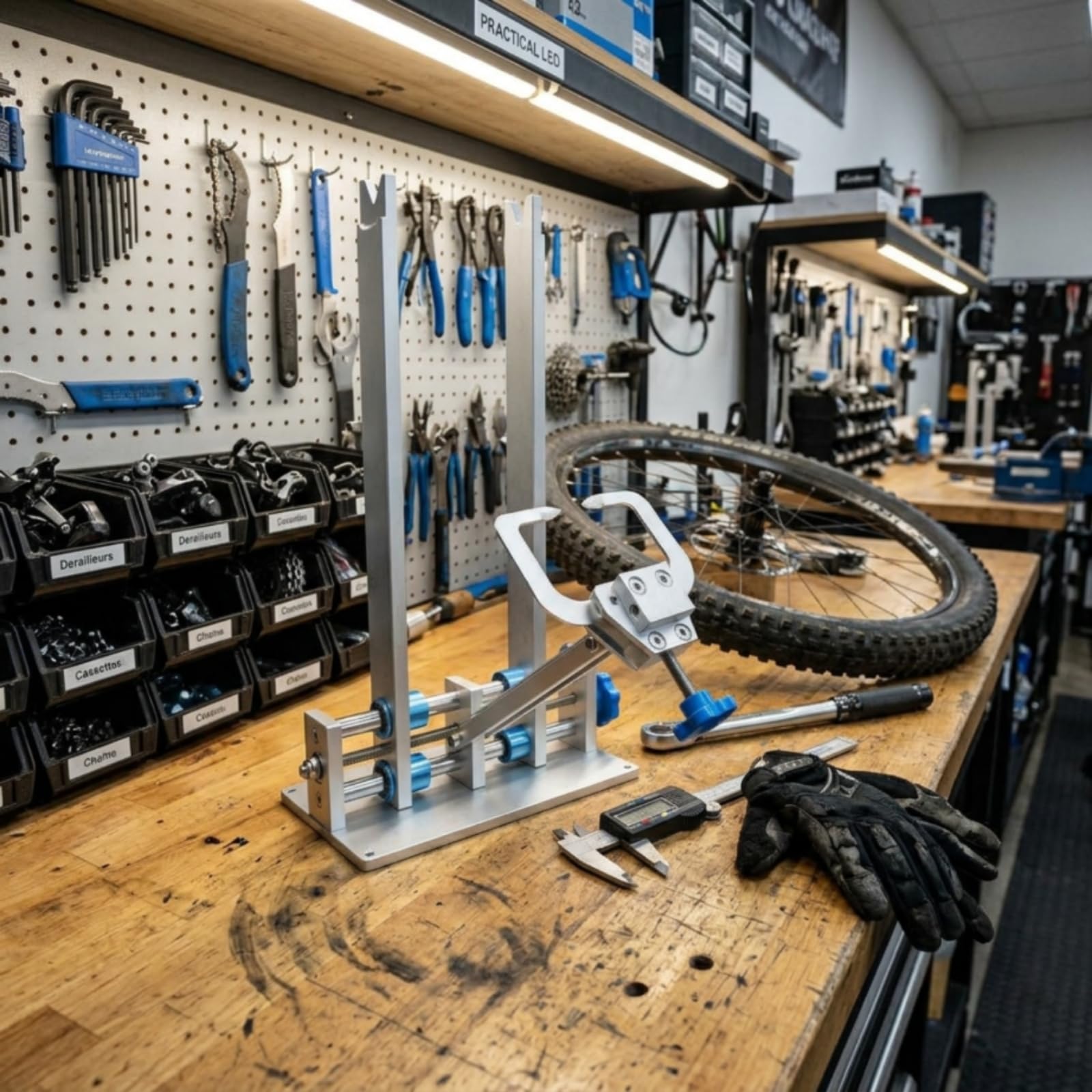 Supporto Ruota Bicicletta Cavalletto Centratura Allineamento Ruote Attrezzo da Officina Regolabile con Piattaforma Stabile in Lega di Alluminio E , style to 1