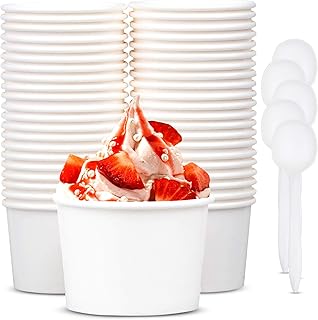 12 oz Paper Ice Cream Cups Disposable, Disposable Bowls for Hot Soup or Dessert with Spoons, Perfect for Hot & Cold Food, Disposable Soup Bowls, Ice Cream Bowls Disposable (White, 12 oz)