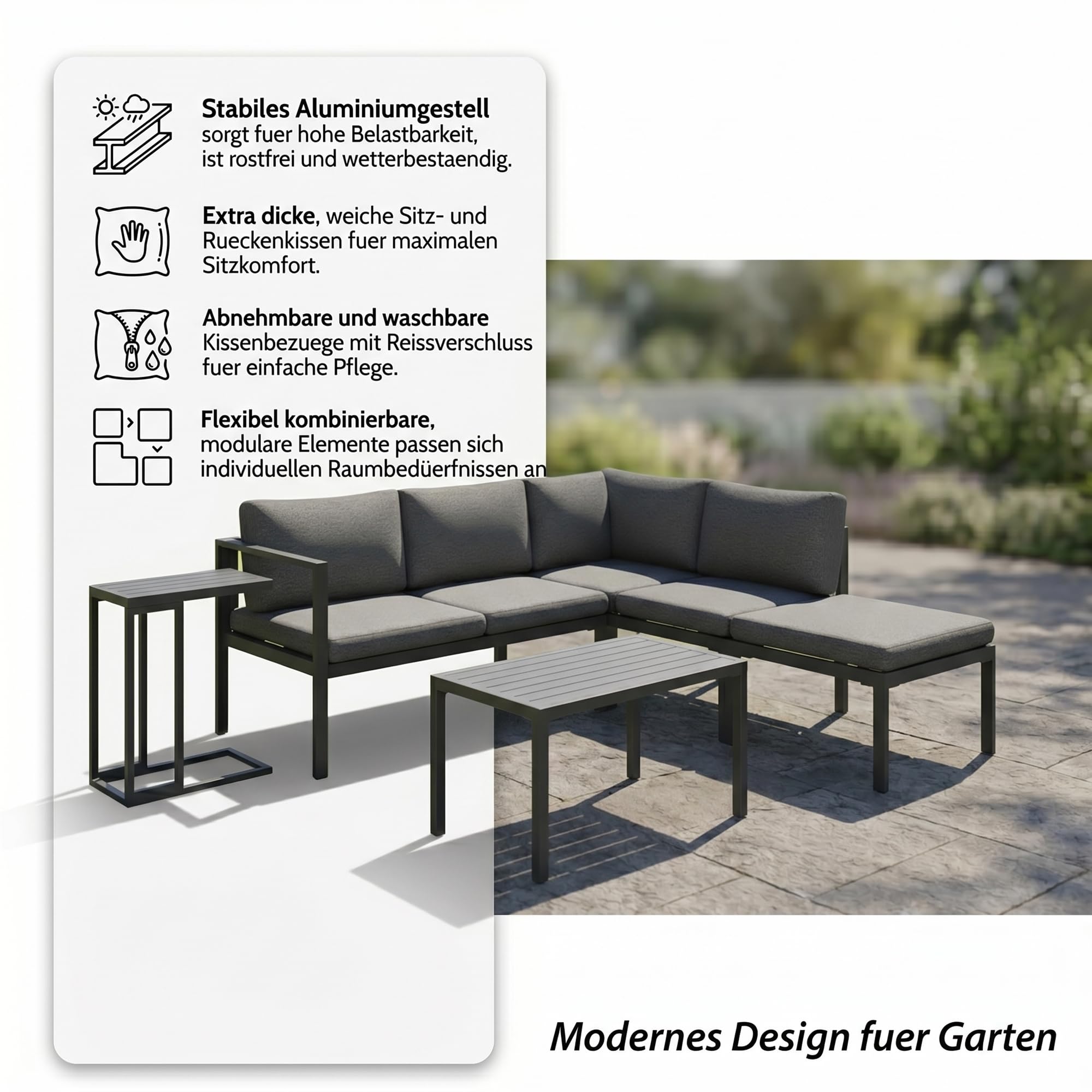 Mucola Gartenmöbel Set Ecklounge Aluminium mit Hocker und Tisch Anthrazit | Sitzgruppe modular kombinierbar, rostfrei, UV-beständig, extra dicke wasserabweisende Bezüge, waschbar, Outdoor, für Balkon