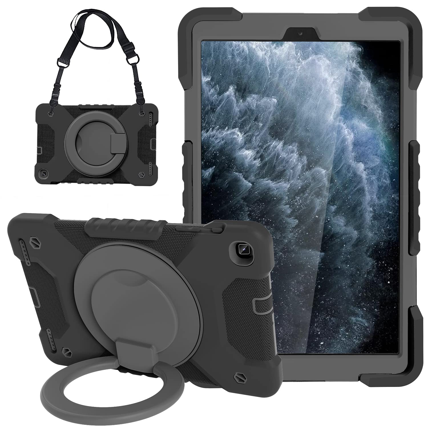 Compatibile con Samsung Galaxy Tab A 10.1 modello 2019 SM-T510 / T515, resistente custodia per tablet con supporto e manico girevoli a 360°, tracolla staccabile (design adatto ai bambini) (nero grigio
