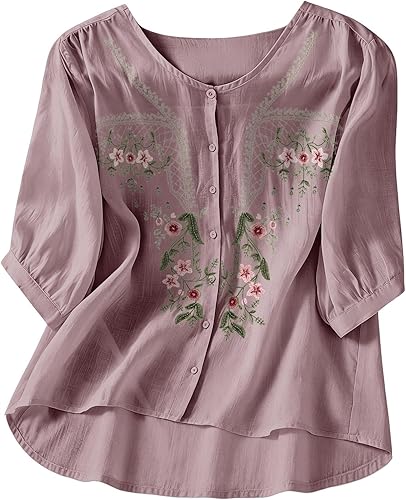 Boho Shirts for Women Embroidered Tops for Women Linen 3/4 Sleeve Button Shirts 