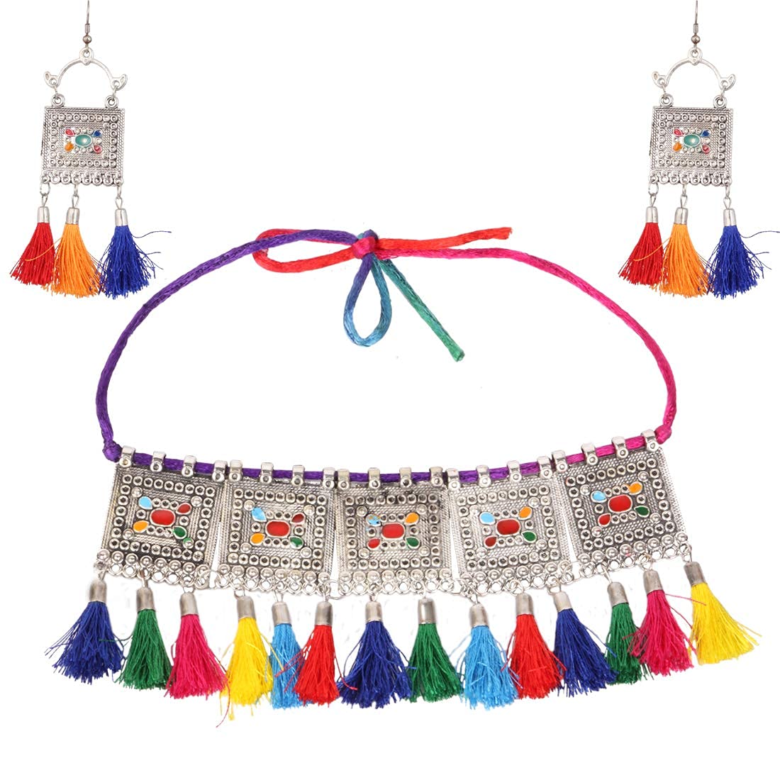 MANODHRUVA German Silver Oxidised Afghani Style Meenakari Touch Tassel with Cotton Threads Choker Necklace Set with Earrings Jewellery Set for Women & Girls (Multicolor) (B09QJH9R14) Amazon Price History, Amazon Price Tracker