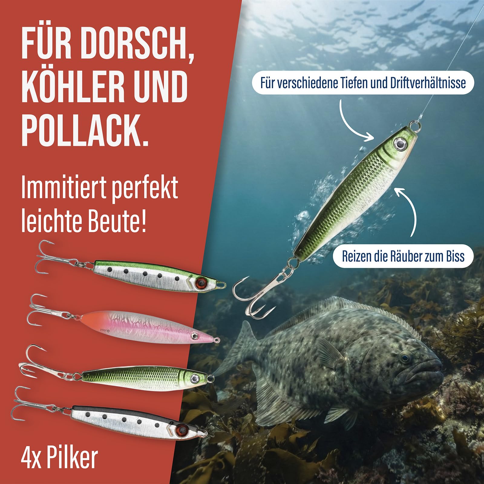 Angelzubehör-Set Norwegen – Komplett-Set für Meeresangeln | wasserdichte Tasche, Filetiermesser, Pilker, u. v. m. | Dorsch & Heilbutt | Angelset