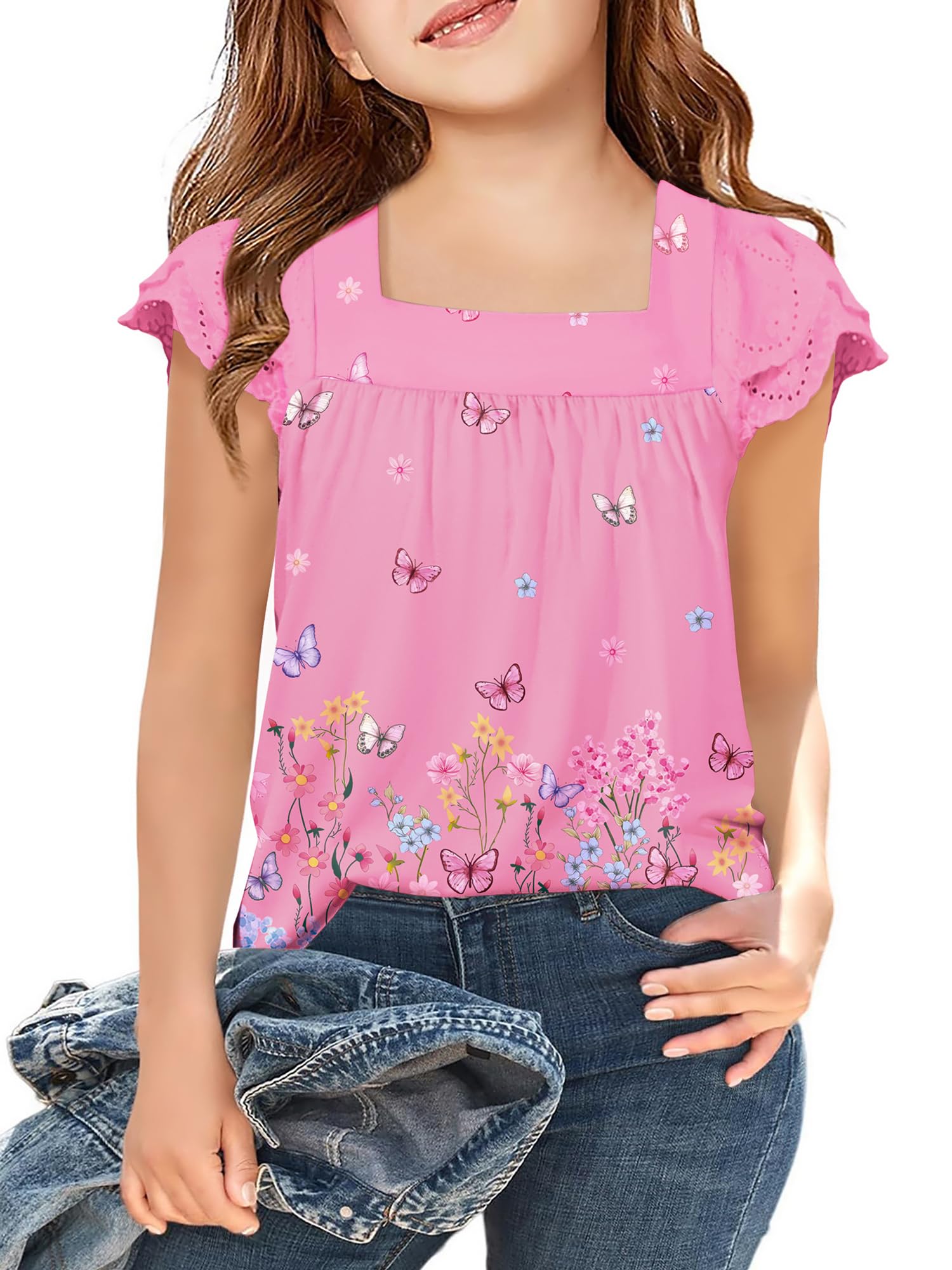 Arshiner Girls Shirts Short Sleeve Square Neck Summer Lace Openwork Tops