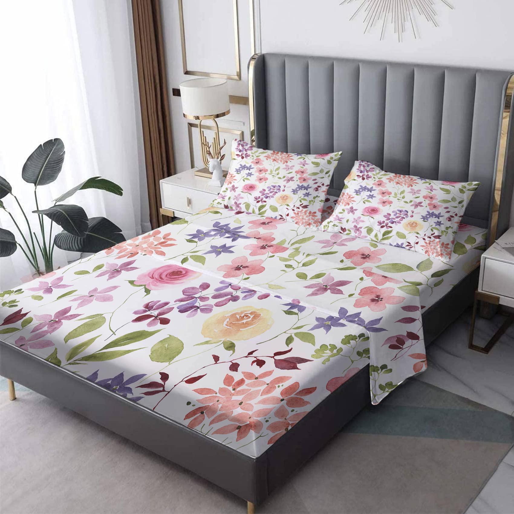 THYUNQ Split King Sheets Sets for Adjustable Bed | Floral Bed Sheets | Vintage Flower Bedding Sheets & Pillowcases | 16 Inch Deep Pocket | Soft