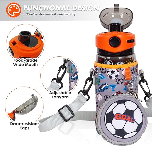 Miniatura 2 de Botella de agua para niños con cordónfunda para la escuela, niños, niñas, niños, botella de agua potable sin BPA de 20 onzas, apertura de un clic,