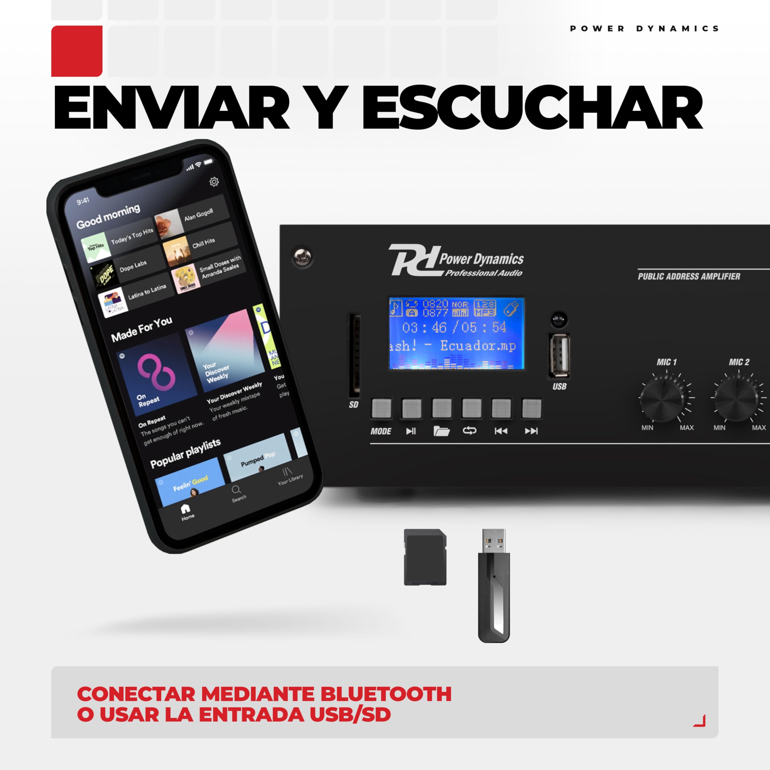 Power Dynamics BSX30B + PRM120 + RX22 – Sistema Sonido 100V con 16 Altavoces 2.5" 30W, Amplificador 120W, Bluetooth, MP3 y Cable 100m para megafonía e Hilo Musical Profesional, Color Negro