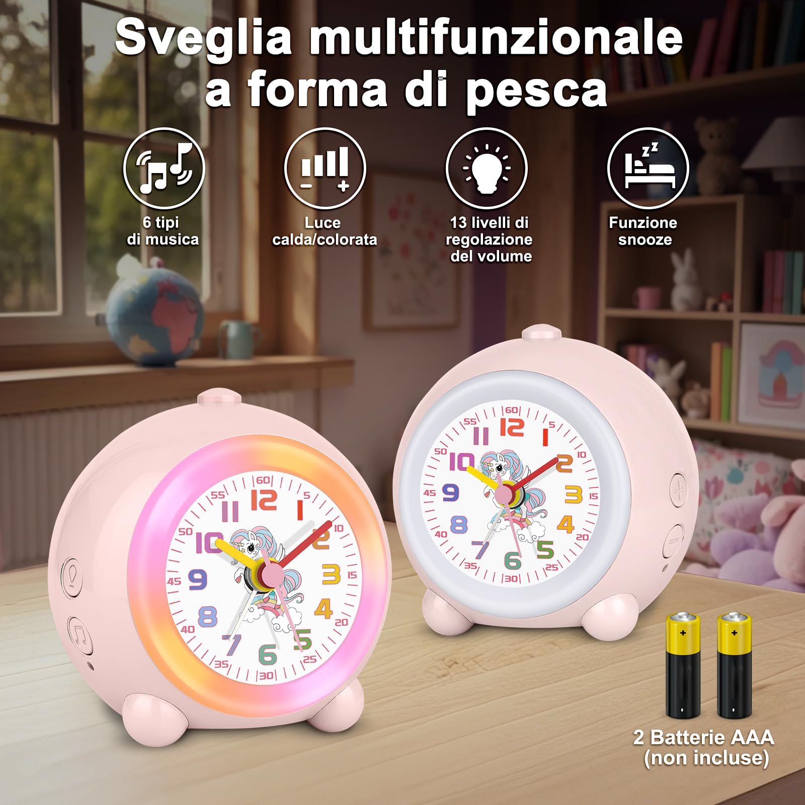 SOCICO Sveglia analogica per bambini ragazze, design unicorno, silenziosa, senza ticchettio, graziosa sveglia analogica pesca, con luce colorata, volume regolabile (rosa pallido)