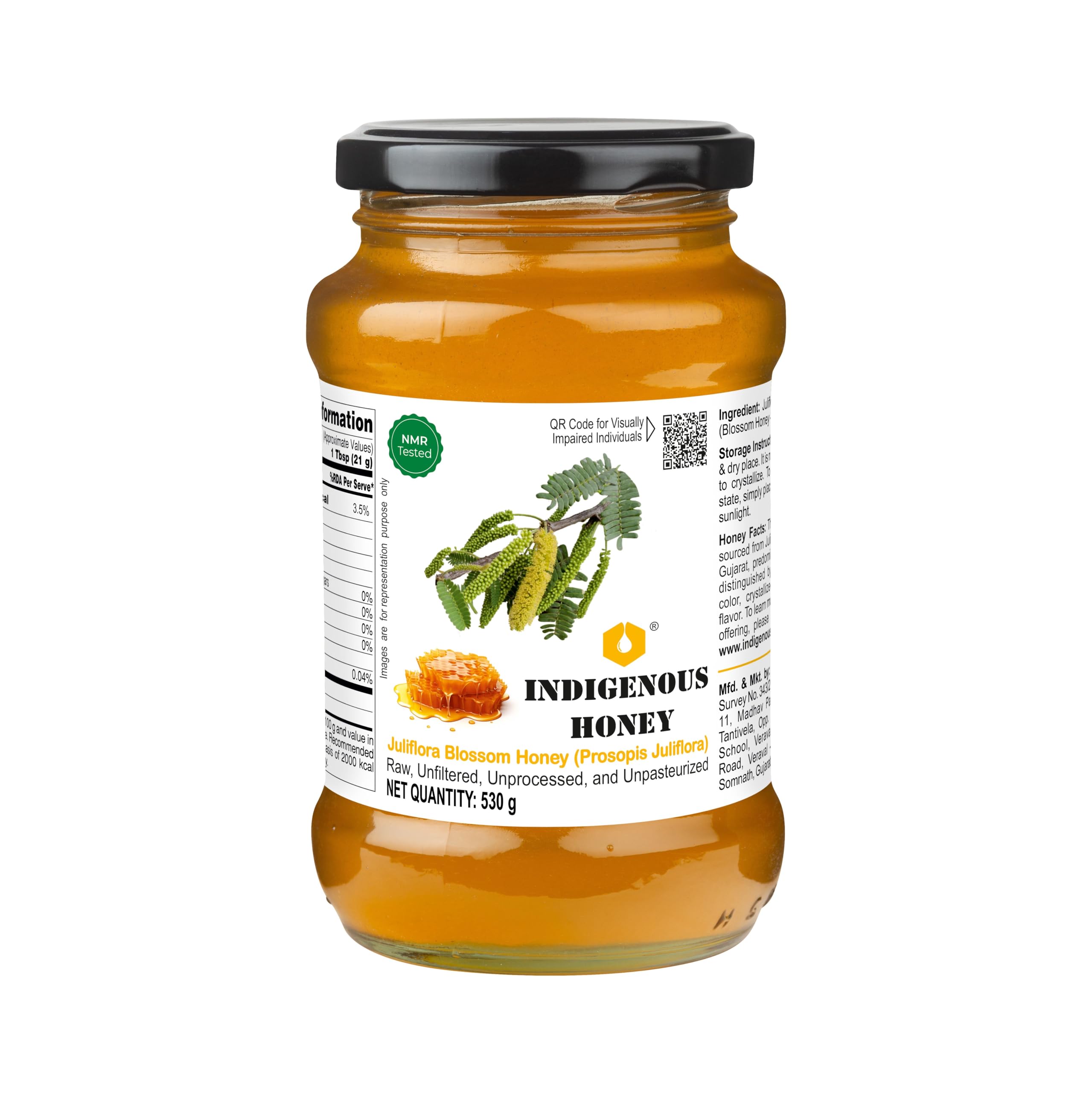 INDIGENOUS HONEY Juliflora Babool Kikar Honey Raw Organic Natural Pure Unprocessed NMR Tested Unpasteurized Unheated 530g Glass Jar Pack of 1