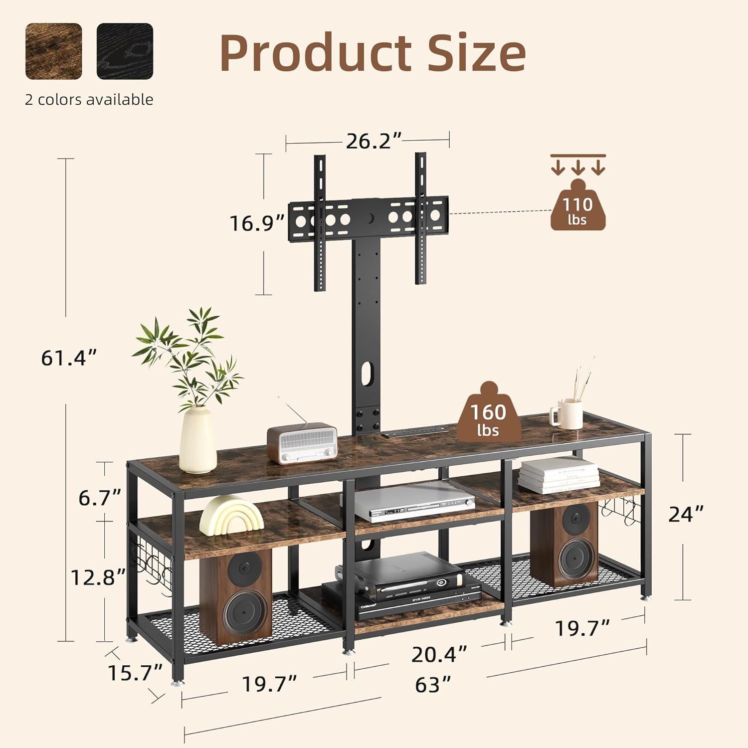 VECELO 63" TV Stand with Mount and Power Outlets, Entertainment Center Console with Open Storage Shelves, Height Adjustable Mount up to 75”, Wooden Table and Metal Frame for Living Room, Rustic Brown