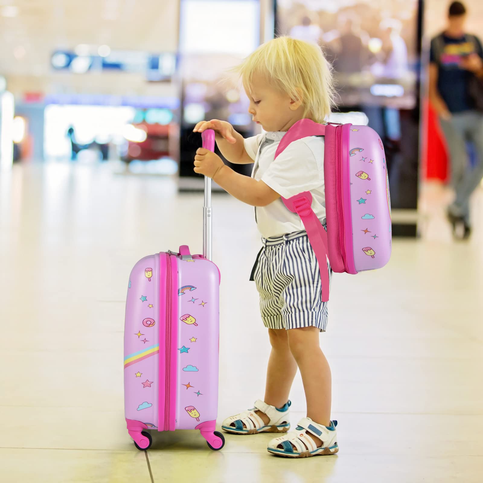 GOPLUS Maleta Infantil, Equipaje de Viaje con Mochila, Equipaje Infantil, Juego de Mochila y Maleta, Gran Capacidad y Ruedas, 16 '' Maleta + 12 '' Mochila