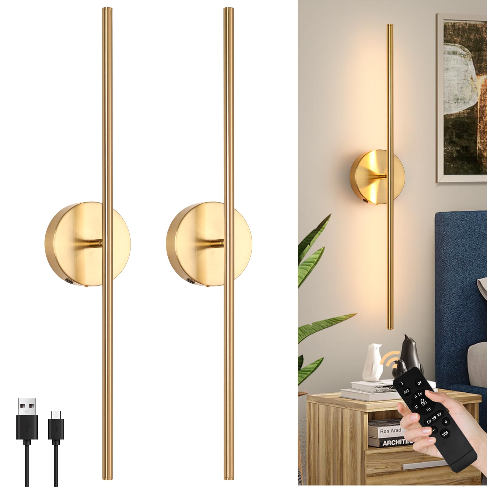 EIDEARAY Akku Wandleuchte mit Fernbedienung innen, USB-C 10000mAh Dimmbar Touch Kabellose Wandleuchten, Gold Wandleuchte ohne Stromanschluss, Geeignet für Wohnzimmer, Schlafzimmer 70CM 2-Stück