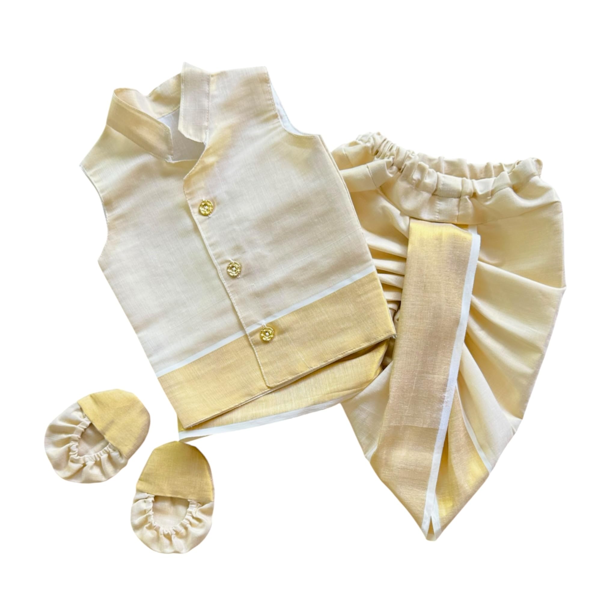 picksparrow Baby Boy Naming Ceremony Set Kerala Kasavu (Short Kurta-Dhoti Pants-Booties)-picture-36