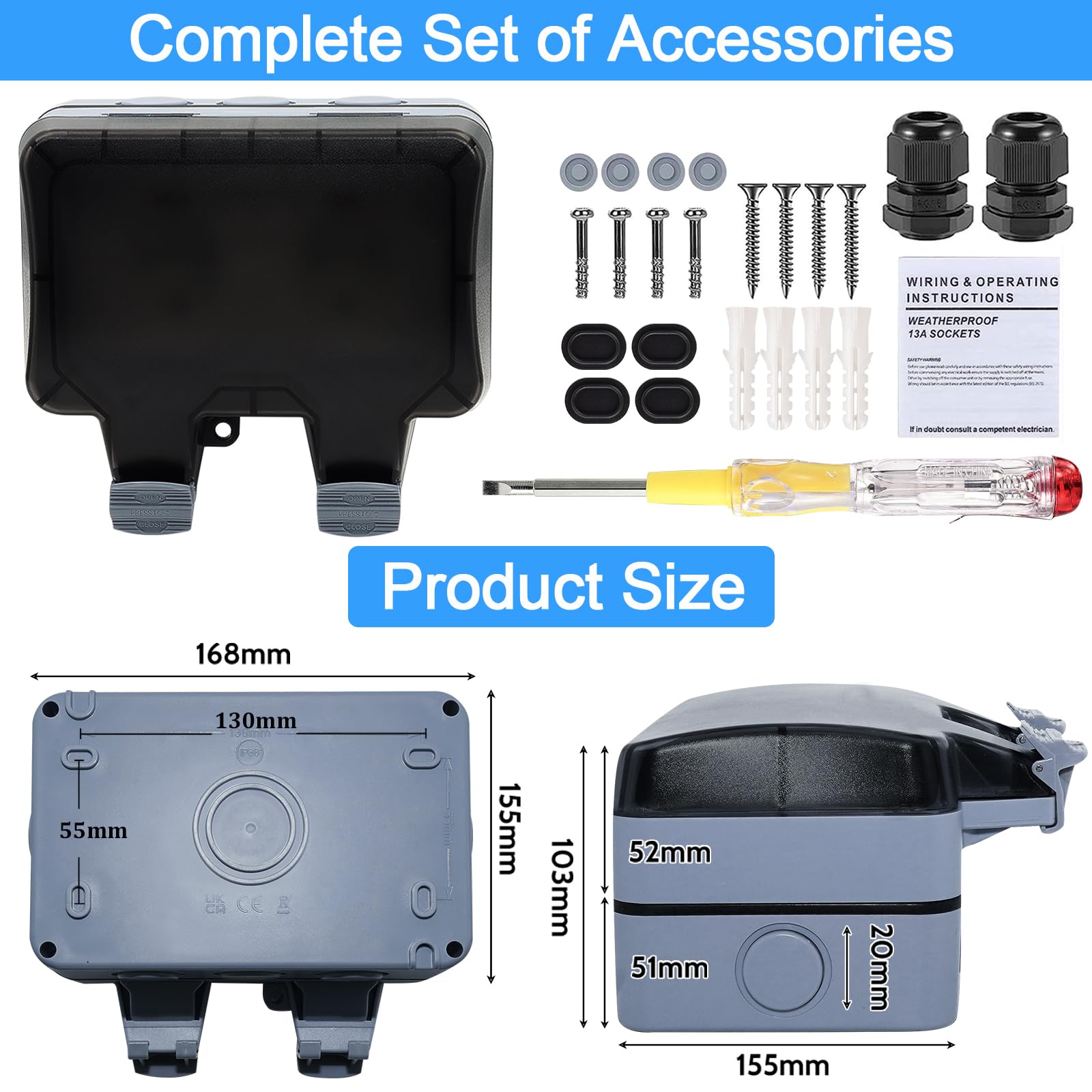 Enchufe Estanco Exterior Impermeable, Toma de Corriente IP66, Doble Pared Enchufes con Interruptor, Conector de Cable y Tapa Abatible, para Cocina Baño Garaje Piscina y Jardín
