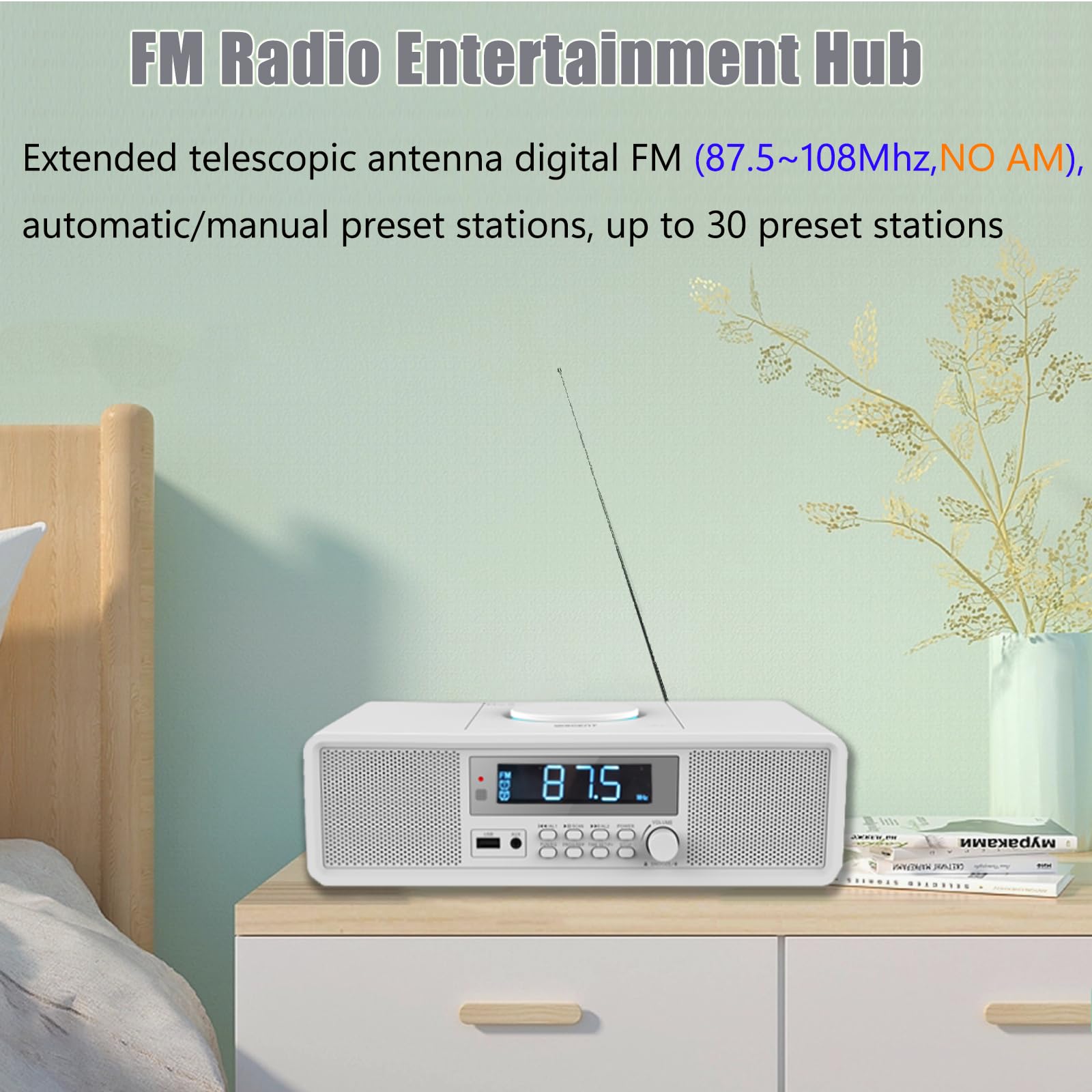 Radio Compatta con Lettore CD, Sistema Audio 20 W RMS, Bluetooth, USB, MP3, AUX, Sveglia Digitale