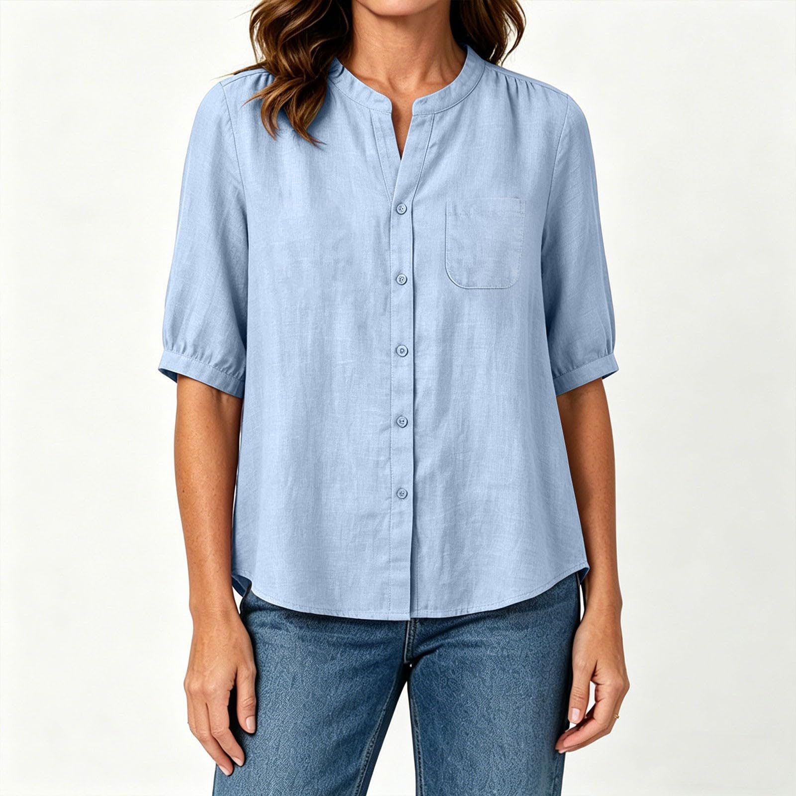Leinenbluse Damen Musselin V-Ausschnitt Hemd Leinenhemd mit Taschen Leinen Kurzarm Sommer Oberteile Baumwolle Tops mit Knöpfe Casual Bluse Locker Shirt Leichte Tunika Bequem Hemdbluse