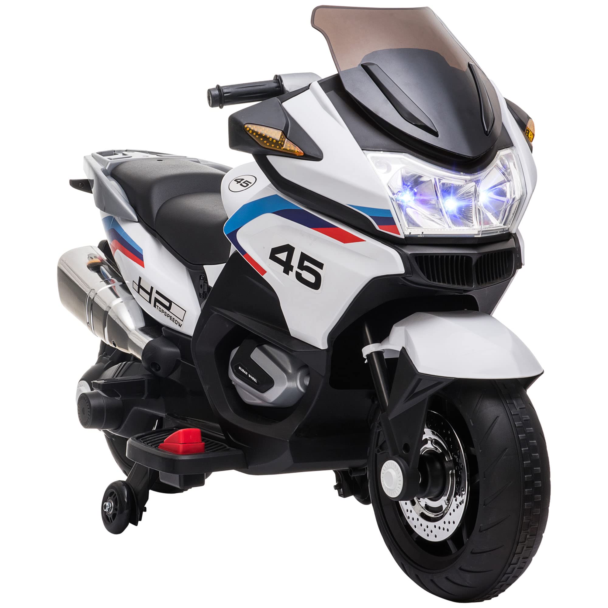 HOMCOM 12V Kids Electric Motorbike w/Training Wheels, Battery Powered Ride On Motorbike for Boys and Girls w/Pedal, Lights, Music, 3-6 KM/H, for Ages 3-8 Years - White