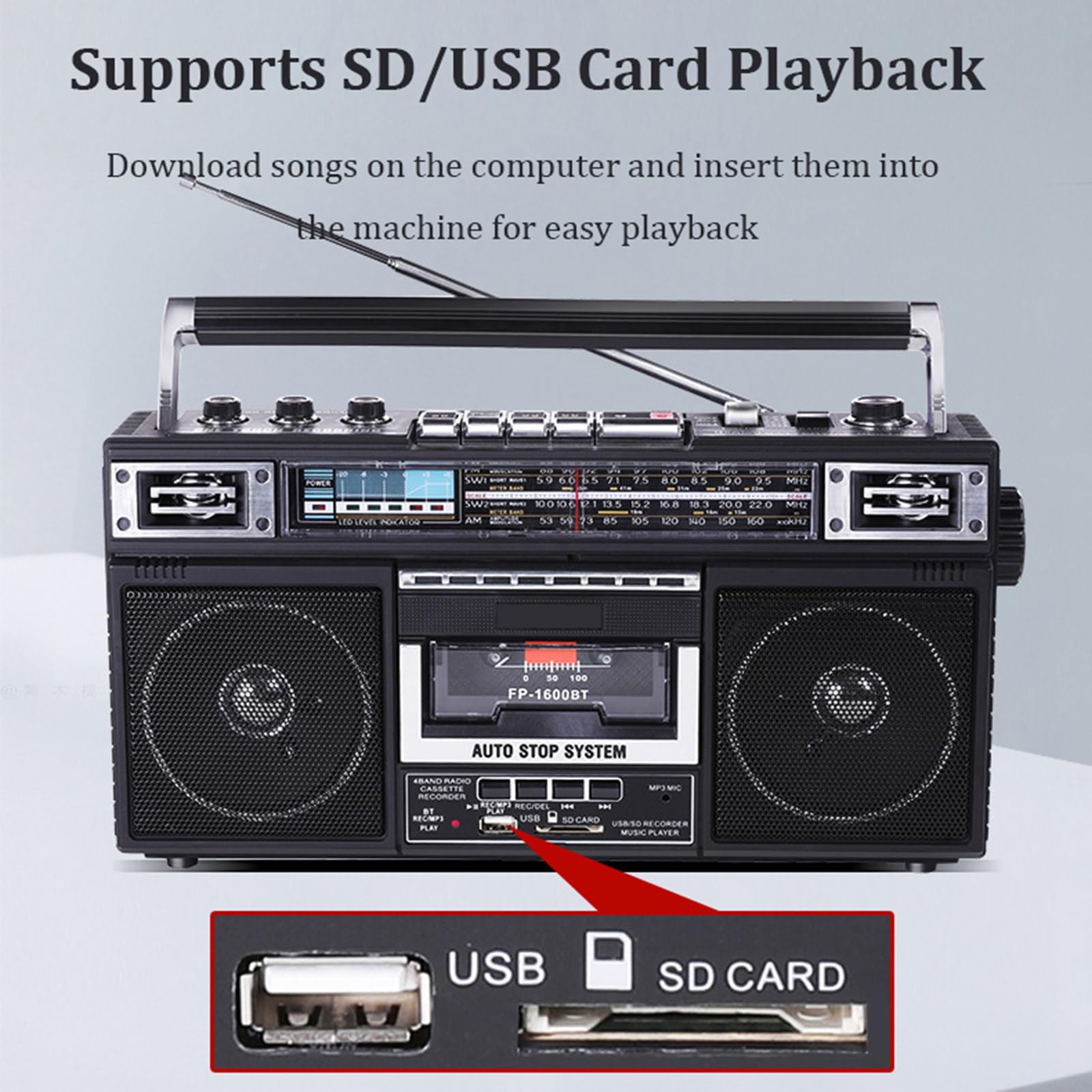 Retro 80s Style Bluetooth Cassette Player, przenośny radioodtwarzacz kasetowy i odtwarzacz z AM/FM/SW1-2, obsługuje karty TF/odtwarzanie USB i Bluetooth, nagrywanie/transkrypcja