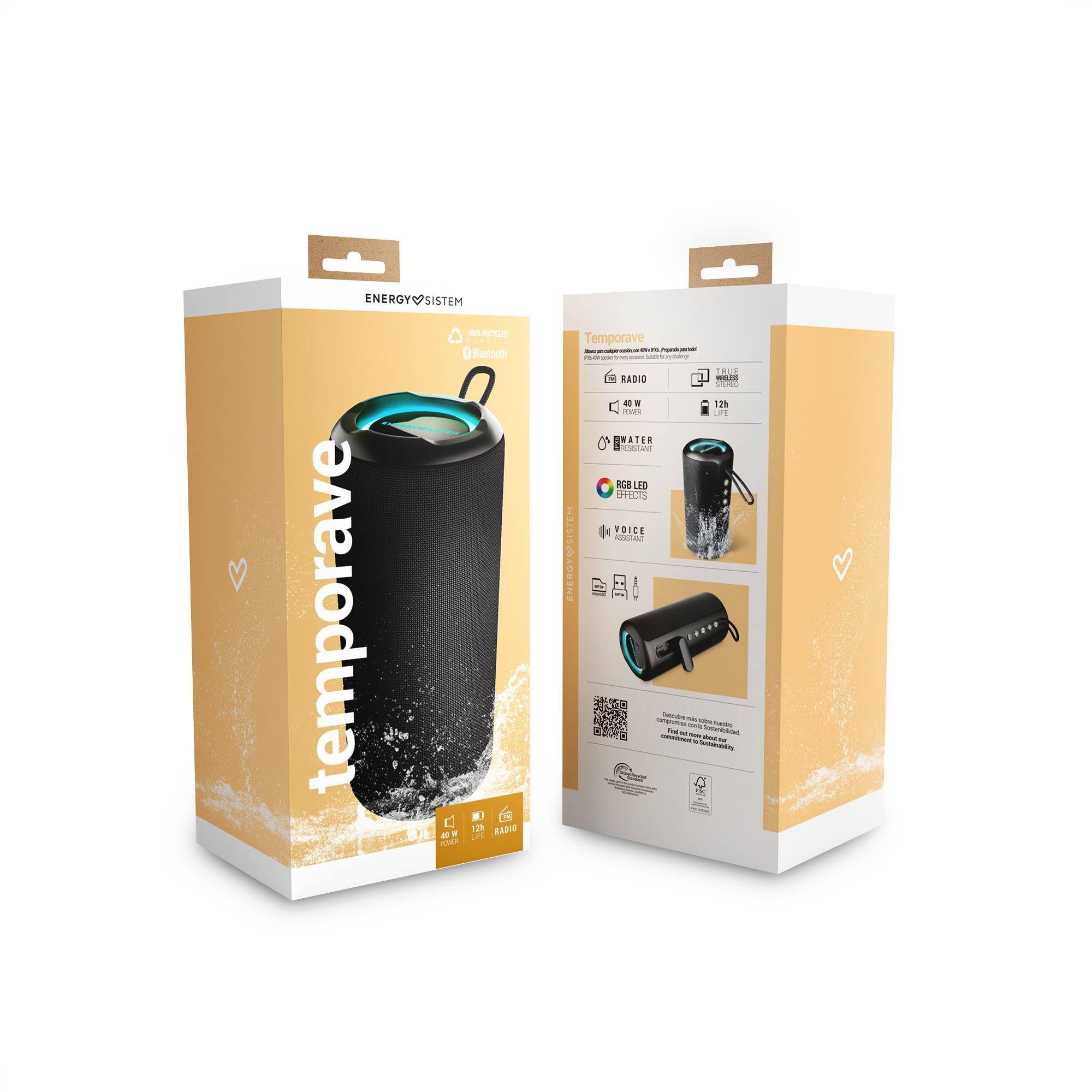 Energy Sistem Soundbliss Altavoz Bluetooth Potente 40W y Portatil TWS 12H Autonomia IPX6 Resistente al Agua Sostenible Plastico Reciclado Luces LED USB y MicroSD para Exterior e Interior Negro