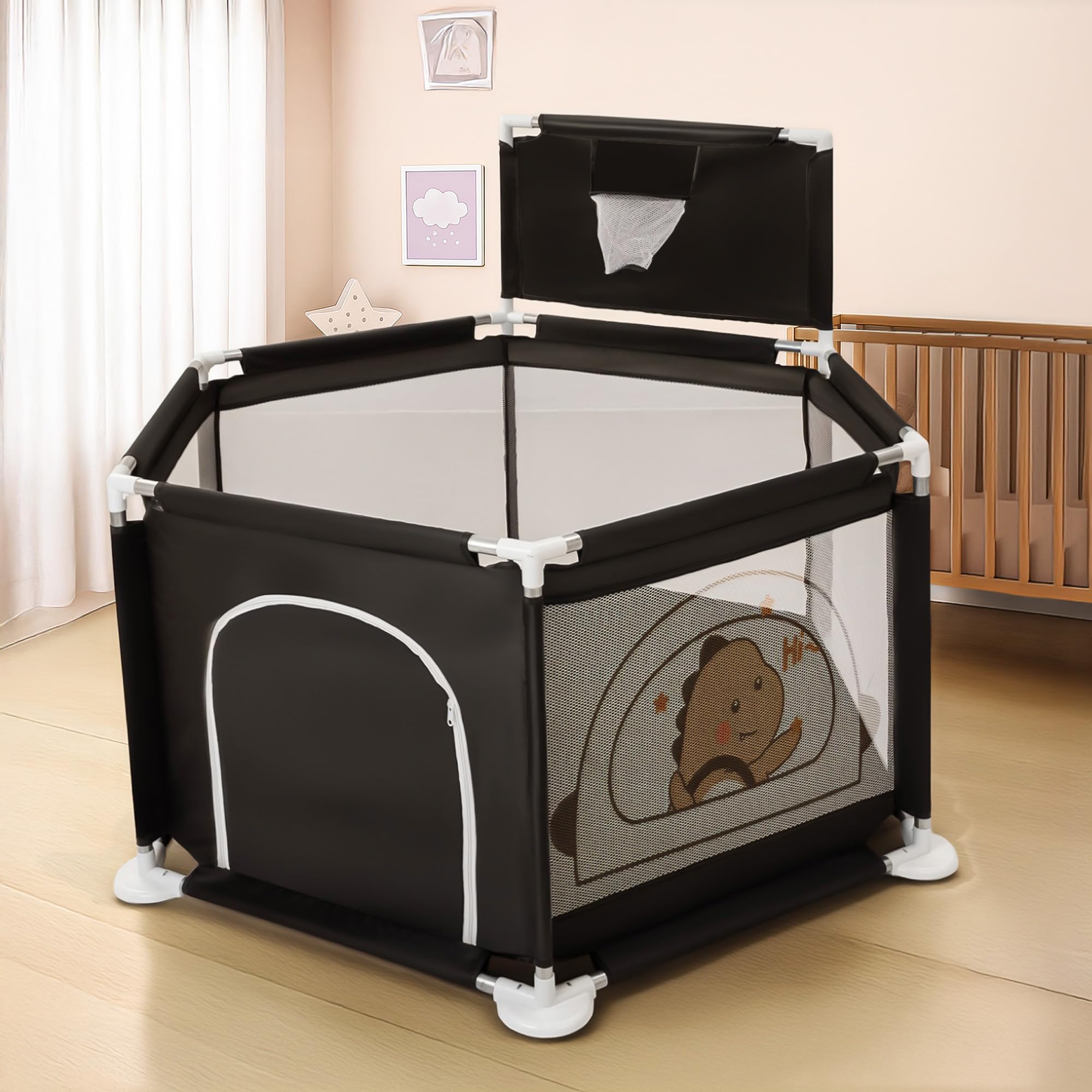 Baybee Neo Plus Kids Playpen for Babies | Baby Play Area Indoor Setup with Hexagon shape for Extra Space | Baby Activity Playards with Basket Ball Hoop, Zipper Door & Corner Protection | Outdoor Play Pen for Baby up to 5 Years (Black)-image-29