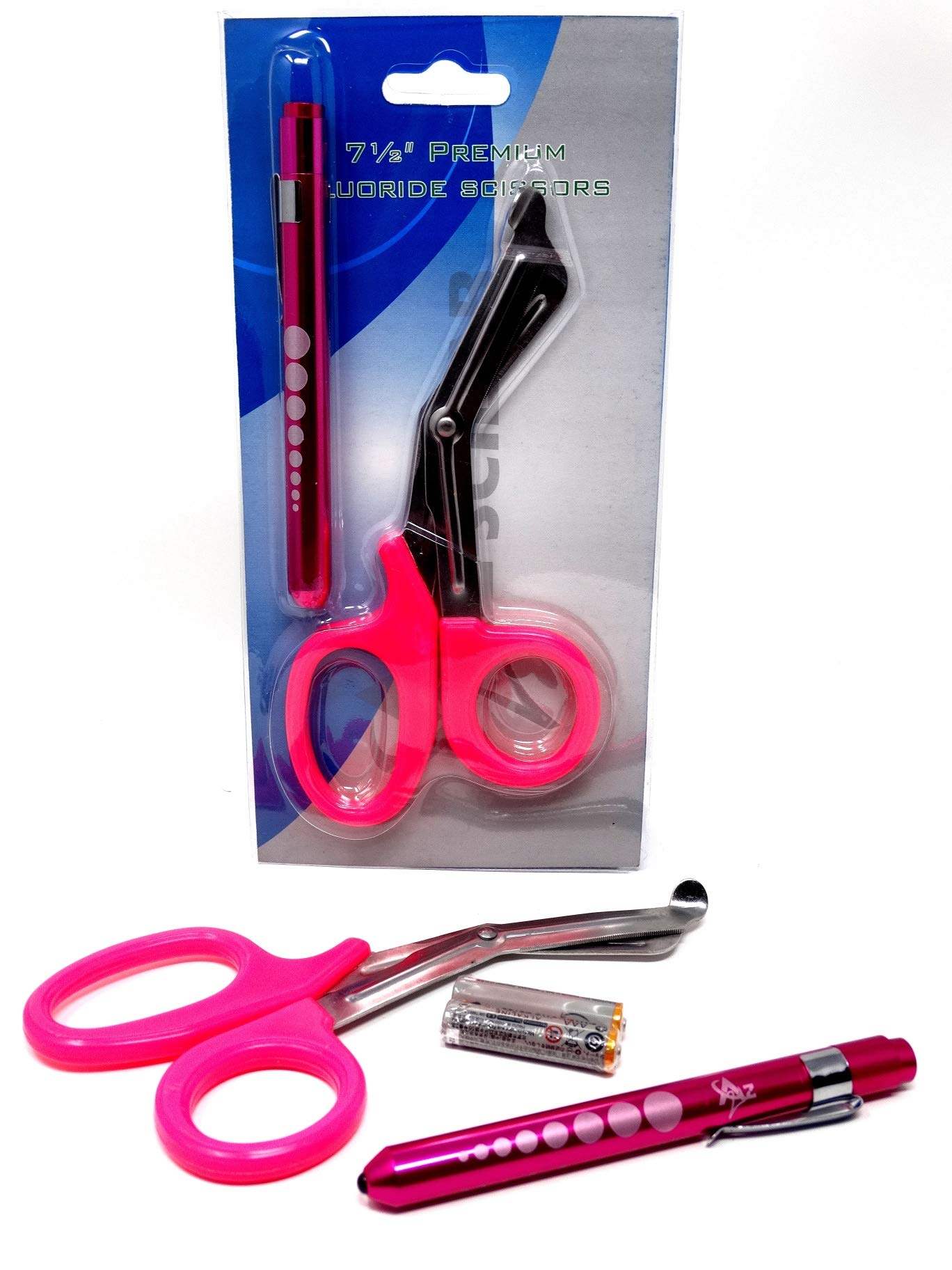 Pink Reusable LED Penlight with Batteries + Paramedic Utility Trauma EMT Bandage Shears Scissors 7.5