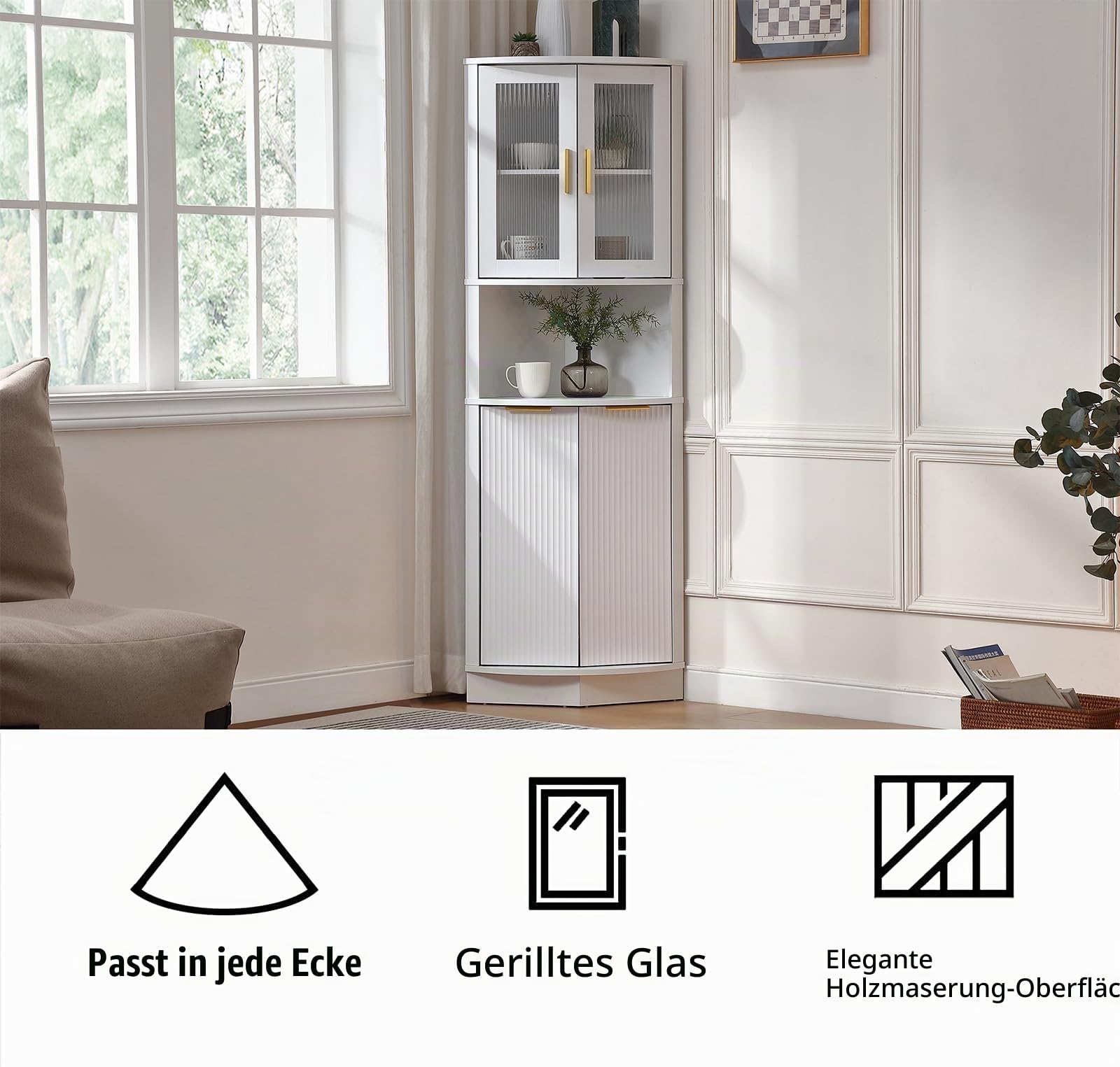 FOREST GRAVITY Hoher Badezimmer-Eckschrank Schlanker Wohnzimmer-Esszimmer-Aufbewahrungsschrank Corner Cabinet Möbel Schmaler Schrank mit Schublade Verstellbare Einlegeböden 73.5 * 164 cm Weiß