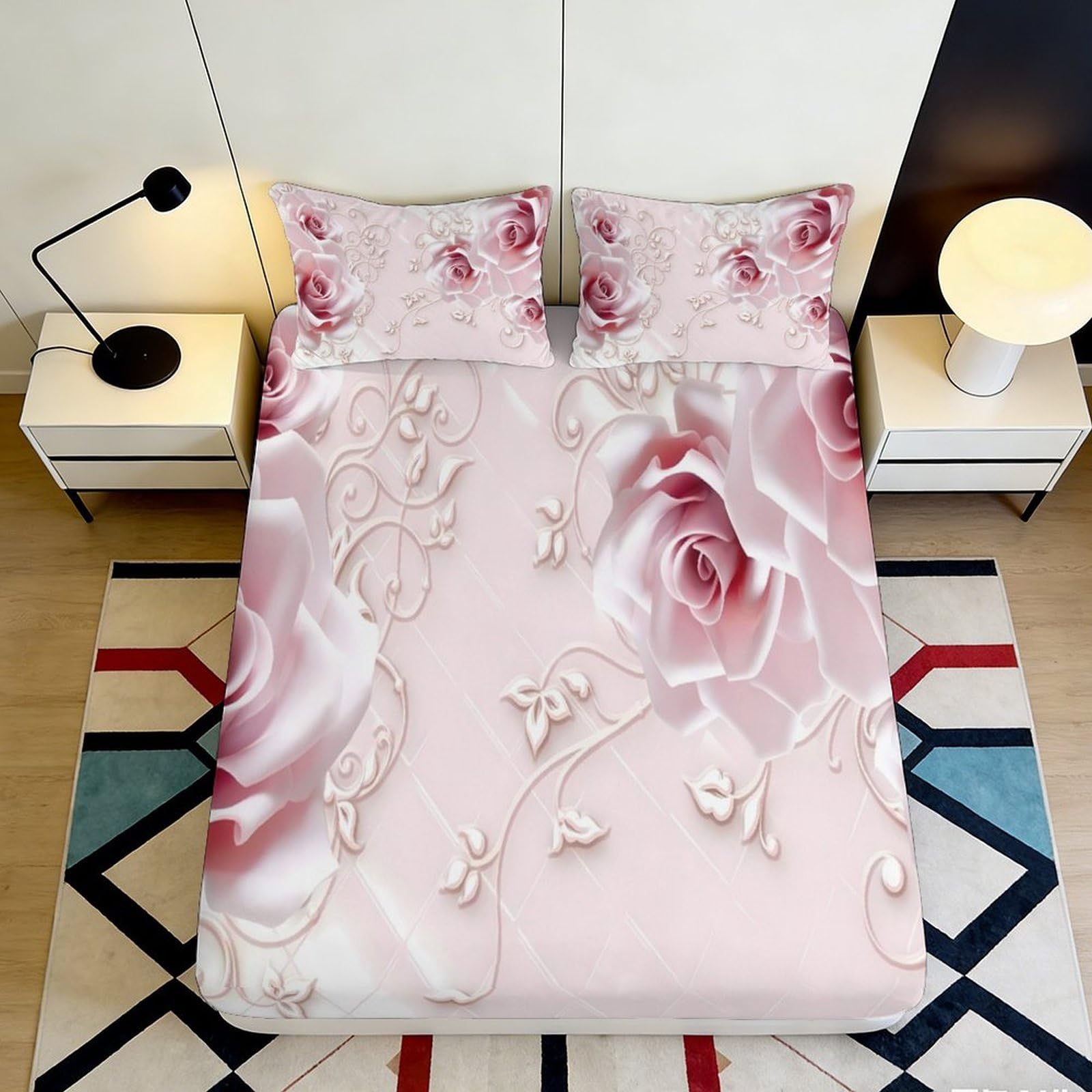 3D Printed Pink Floral Fitted Sheet Microfiber Soft Non-Slip Bed Sheet Rose Pattern Mattress Cover for Bedroom Guestroom Decor 90x200x25cm