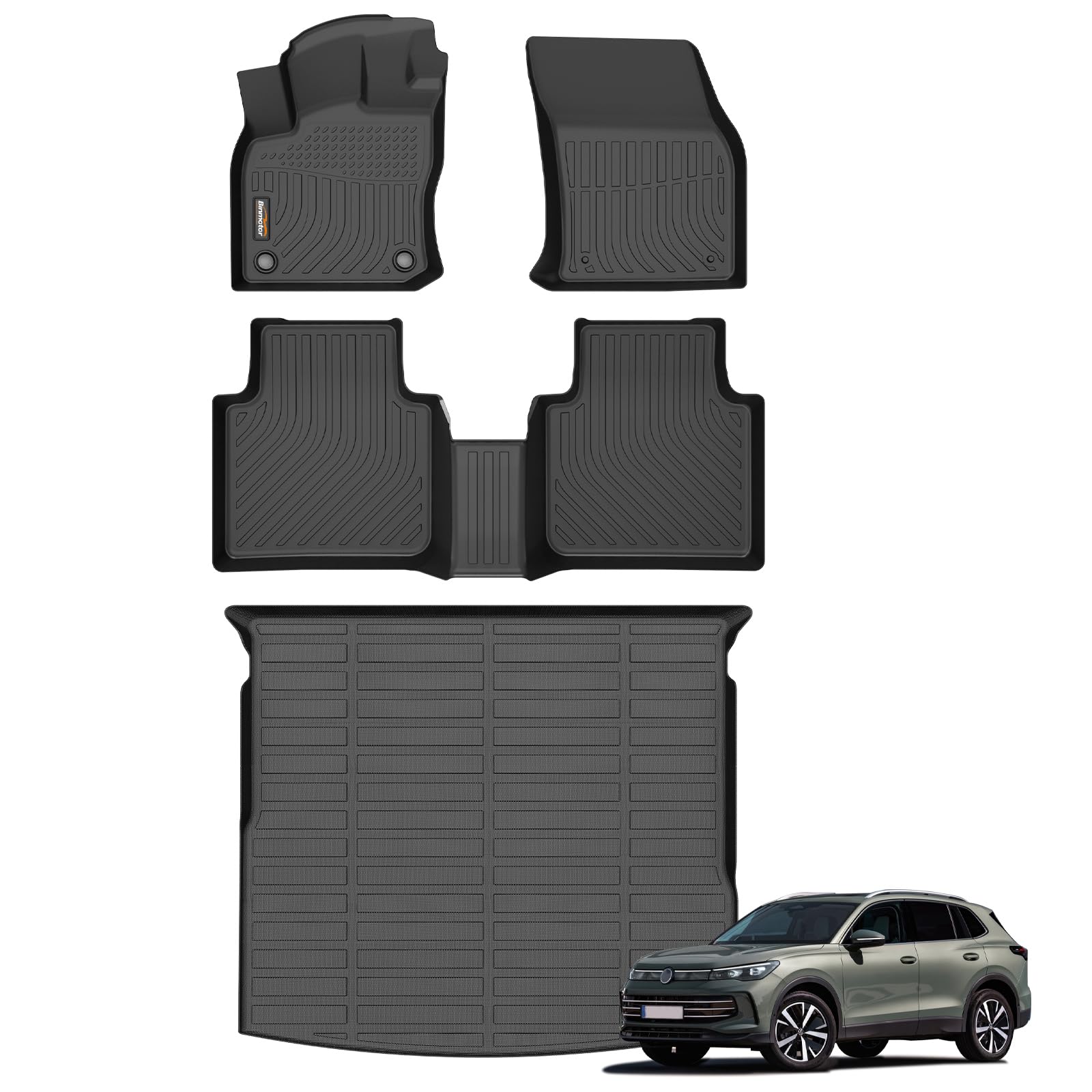 Binmotor-All Weather Car Floor Mats & Cargo Liner Set for Volkswagen Tiguan 2018-2024(Not for 2025), 5 Passenger,1st & 2nd Row & Rear Cargo Mat TPE Rubber Liners for VW Tiguan Accessories
