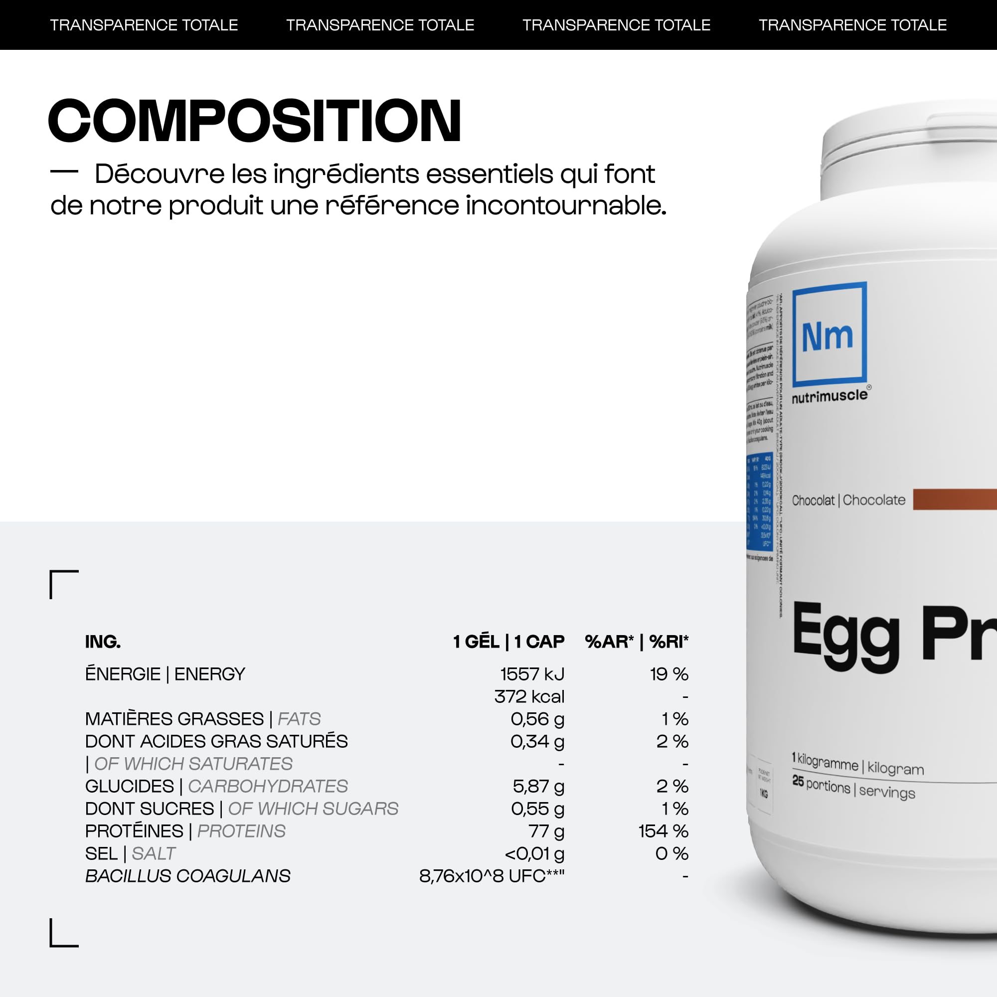Nutrimuscle 100% proteine di uova pure | Pollo ruspante Francia - Shaker in polvere - 86% di proteine - Bodybuilding e fitness | Natura