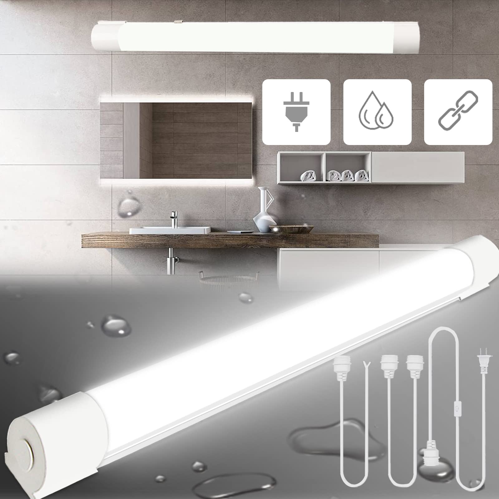 LED Shop Light 4FT with Plug, Triproof Tube Lights Cabinet Light, 5000K Ceiling Light Fixture, Bright Garage LED Bar Light Utility with ON/Off Switch for Workbench Bedroom Living Room Kitchen Closet