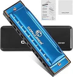 CONJURER Gaita Blues para iniciantes adulto 10 furos chave C gaita diatônica para praticar e tocar, palheta de latão órgão de boca de metal, harpa azul com capa, azul